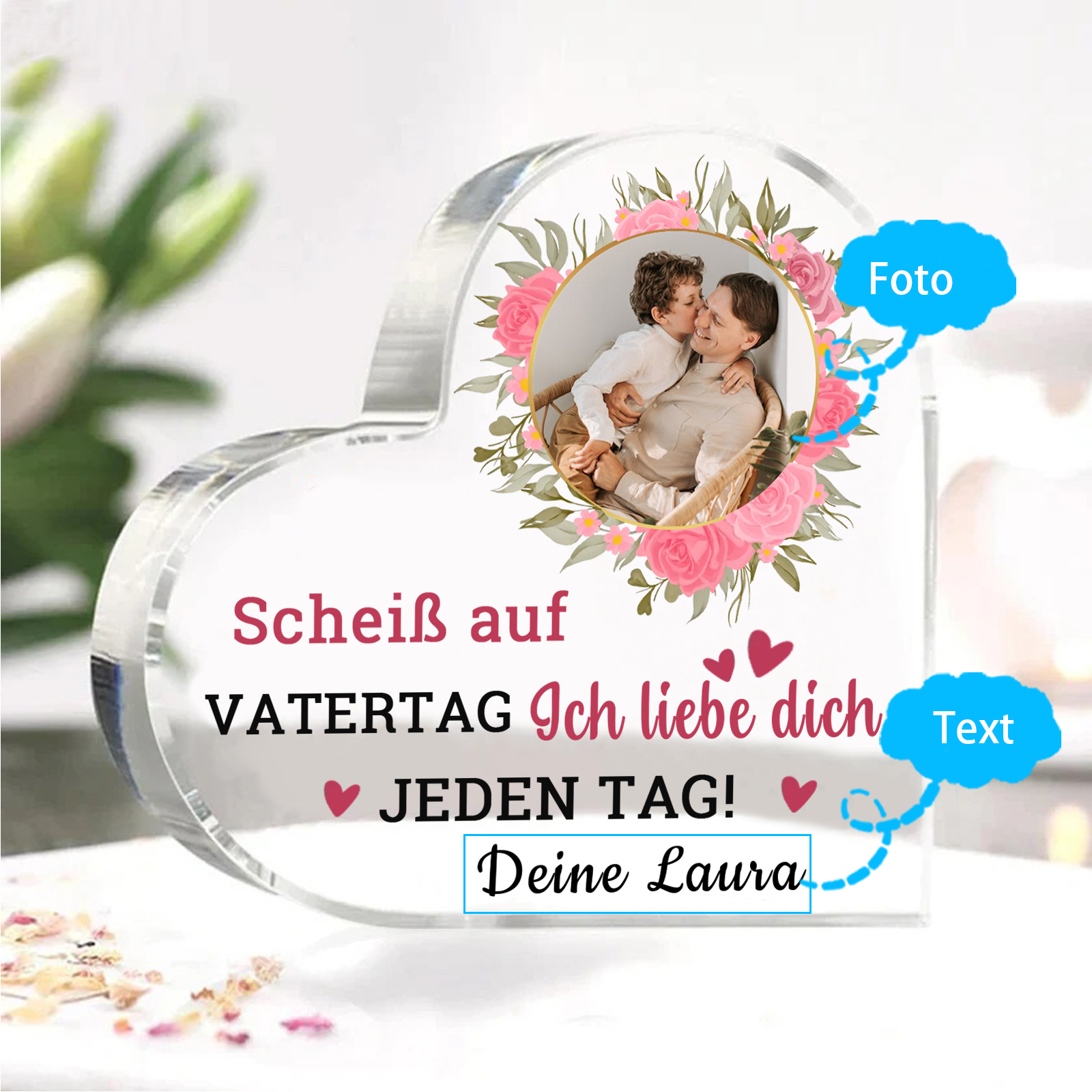 Personalisierte Text & Foto Herz Acryl-Deko-Scheiß auf VATERTAG Ich liebe dich/ Wir lieben dich JEDEN TAG! -Schreibtischdekoration für Papa