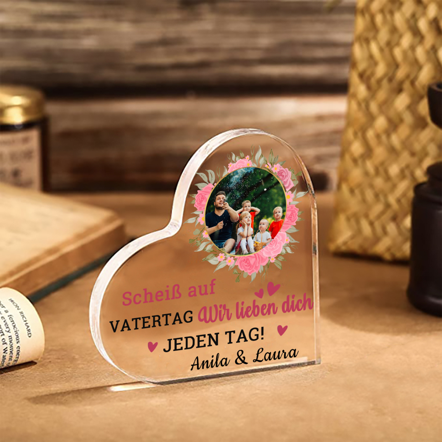 Personalisierte Text & Foto Herz Acryl-Deko-Scheiß auf VATERTAG Ich liebe dich/ Wir lieben dich JEDEN TAG! -Schreibtischdekoration für Papa