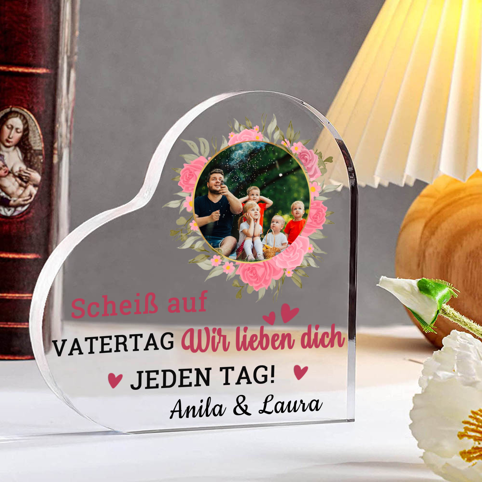 Personalisierte Text & Foto Herz Acryl-Deko-Scheiß auf VATERTAG Ich liebe dich/ Wir lieben dich JEDEN TAG! -Schreibtischdekoration für Papa