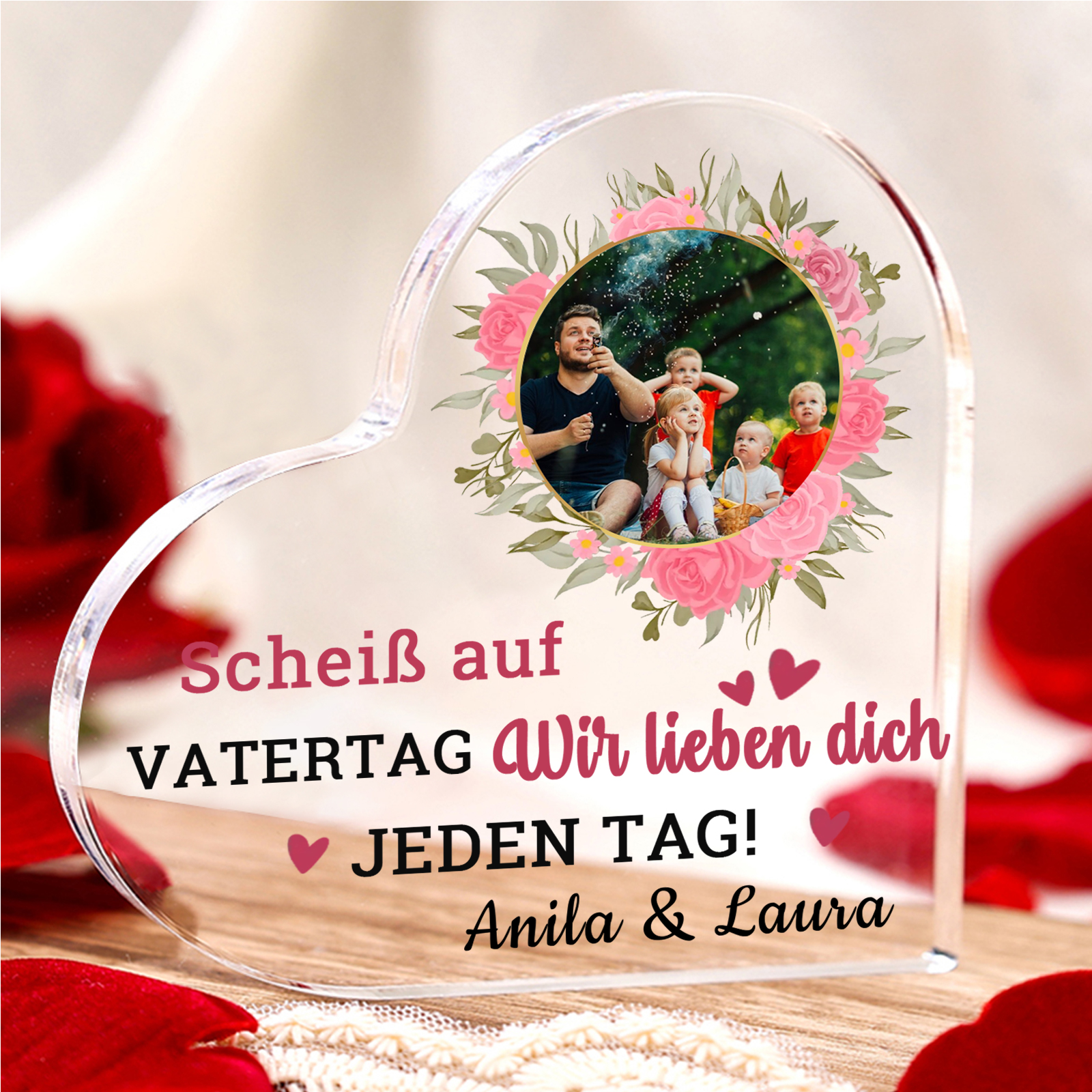 Personalisierte Text & Foto Herz Acryl-Deko-Scheiß auf VATERTAG Ich liebe dich/ Wir lieben dich JEDEN TAG! -Schreibtischdekoration für Papa