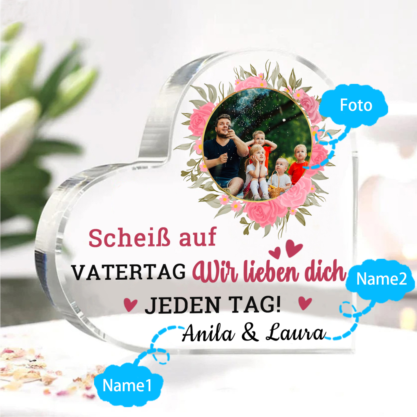 Personalisierte Text & Foto Herz Acryl-Deko-Scheiß auf VATERTAG Ich liebe dich/ Wir lieben dich JEDEN TAG! -Schreibtischdekoration für Papa