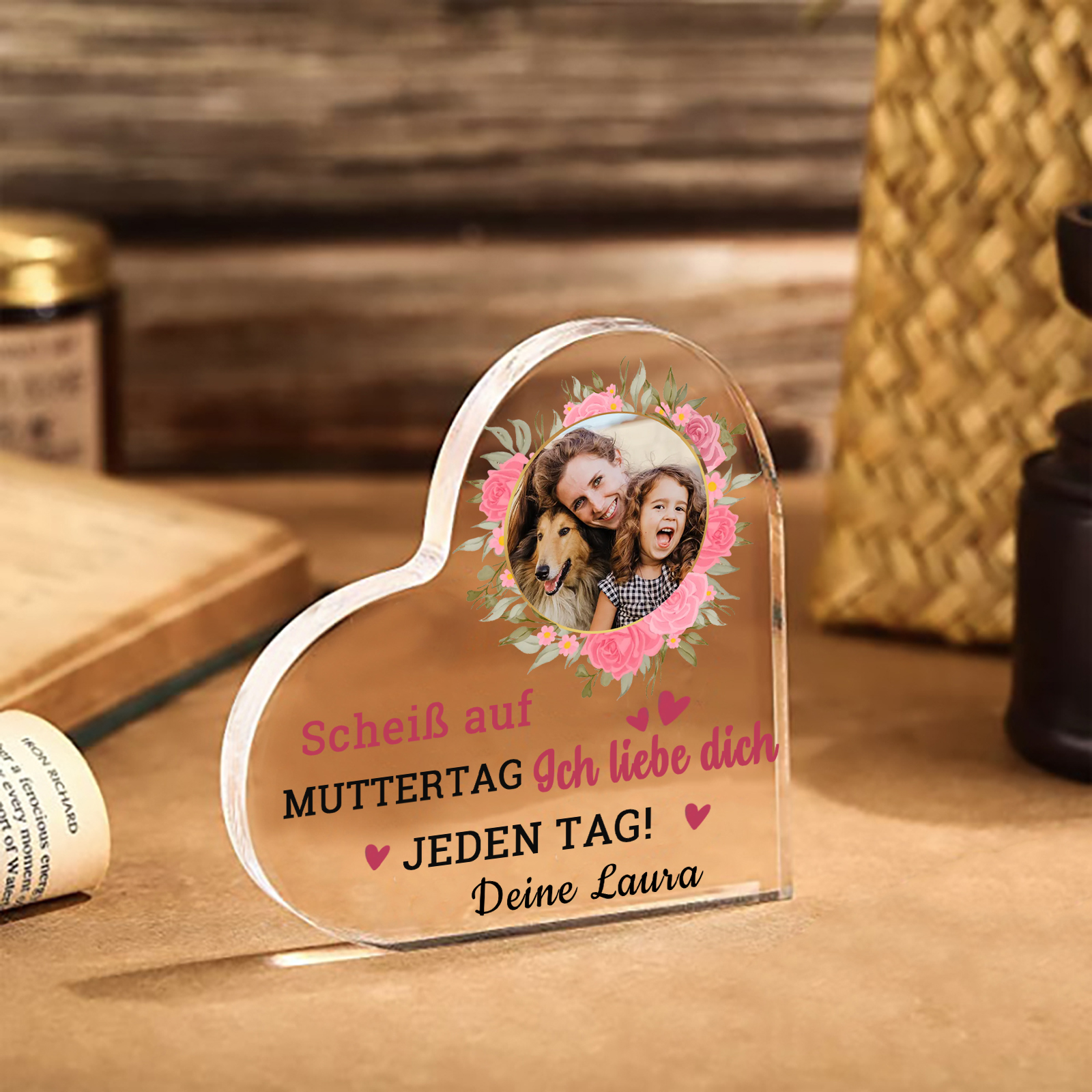 Personalisierte Text & Foto Herz Acryl-Deko-Scheiß auf Muttertag Ich liebe dich/ Wir lieben dich JEDEN TAG! -Schreibtischdekoration für Mama