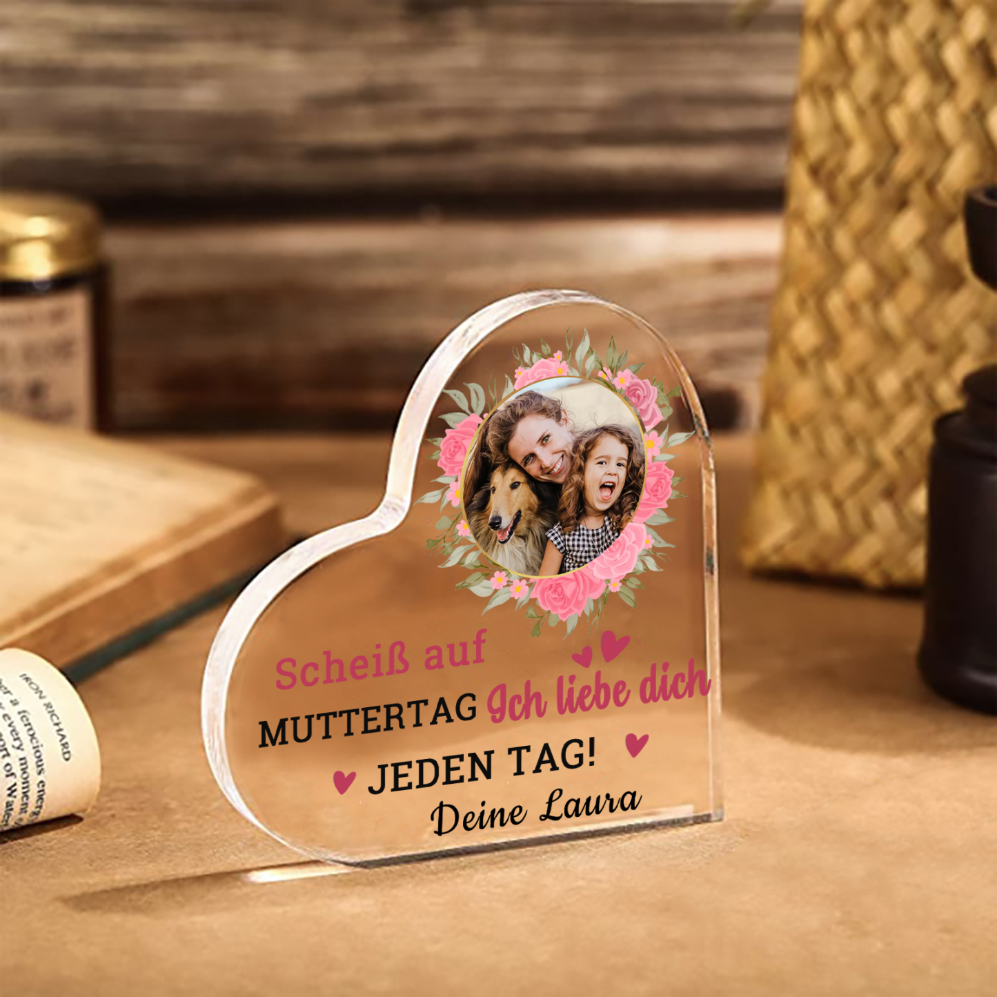 Personalisierte Text & Foto Herz Acryl-Deko-Scheiß auf Muttertag Ich liebe dich/ Wir lieben dich JEDEN TAG! -Schreibtischdekoration für Mama