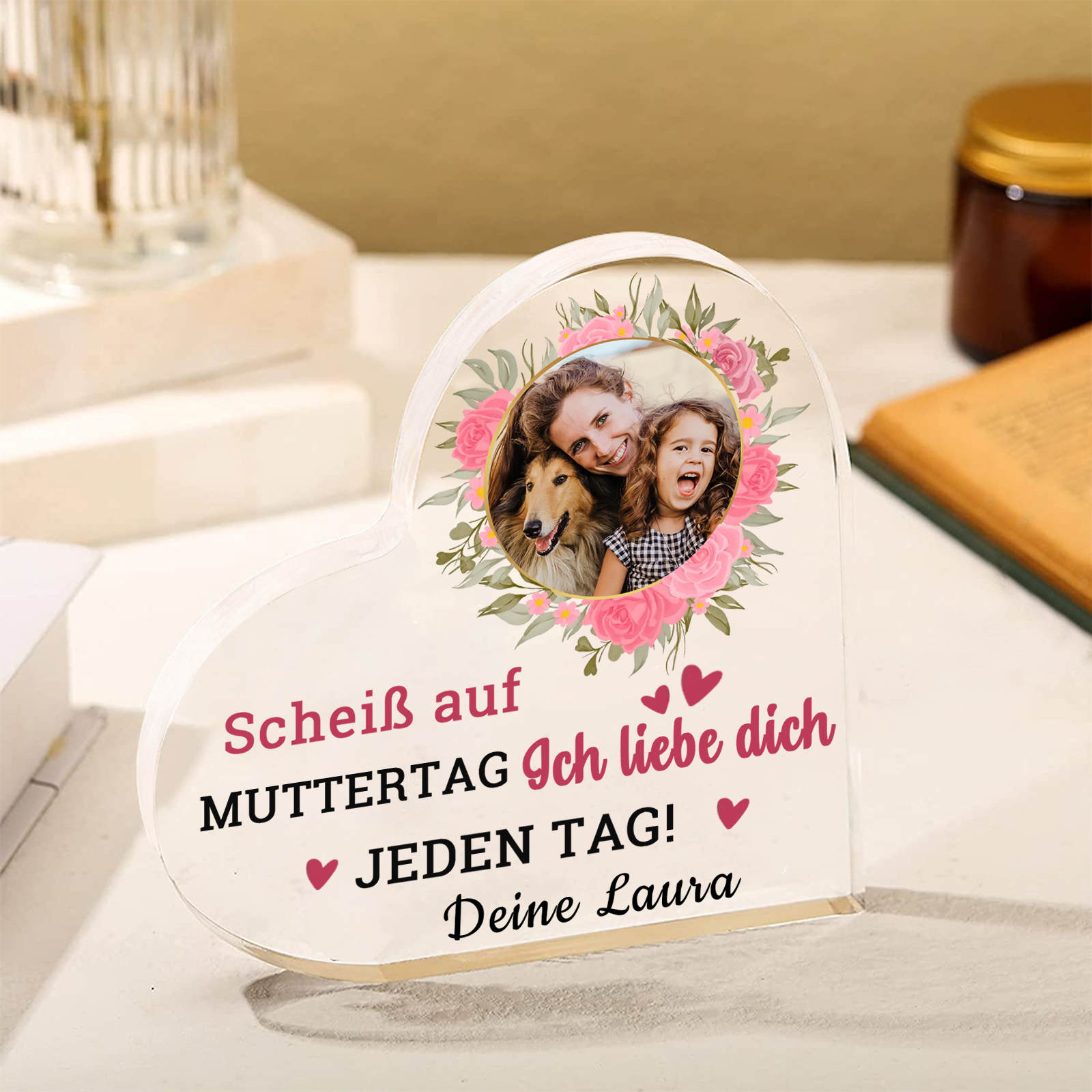 Personalisierte Text & Foto Herz Acryl-Deko-Scheiß auf Muttertag Ich liebe dich/ Wir lieben dich JEDEN TAG! -Schreibtischdekoration für Mama