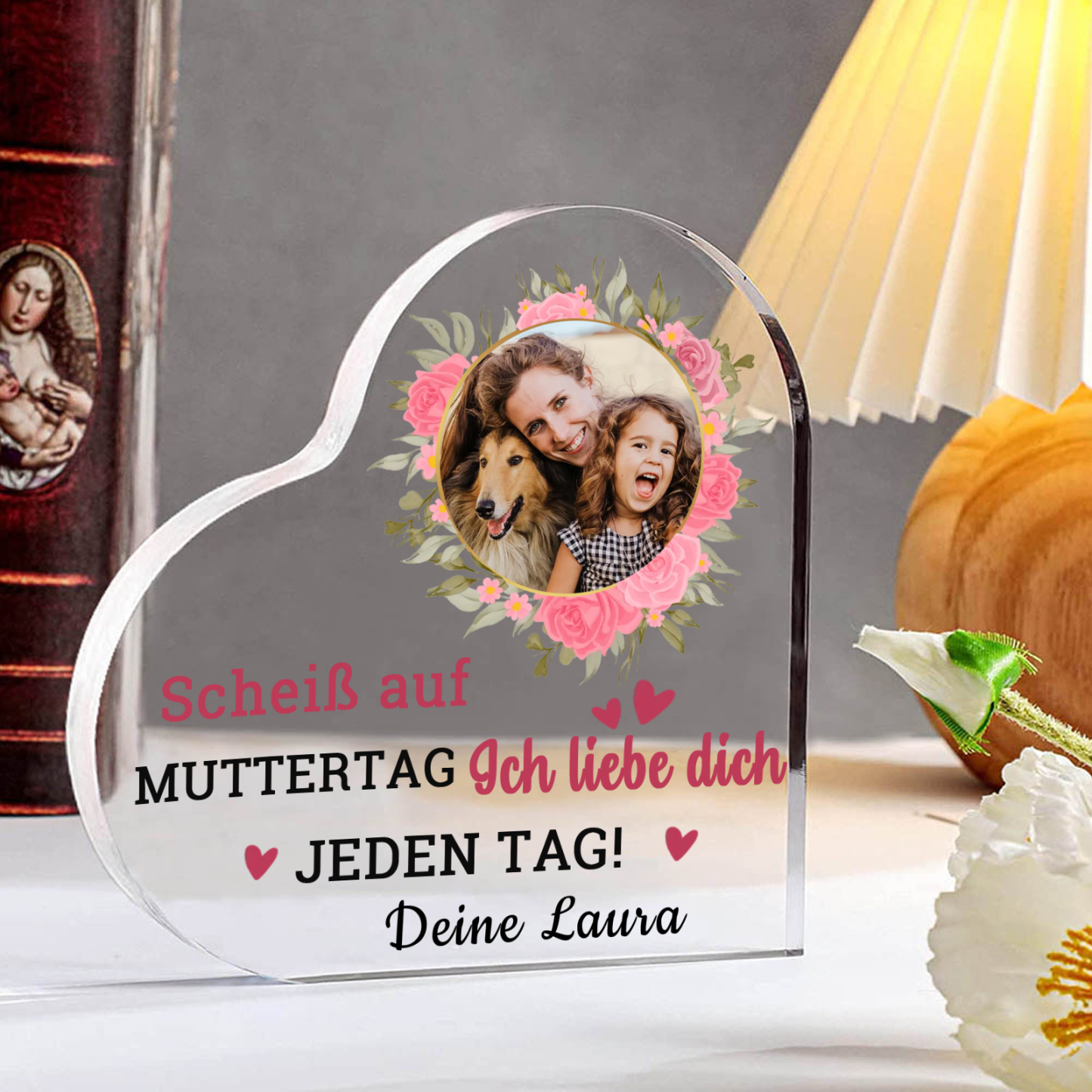 Personalisierte Text & Foto Herz Acryl-Deko-Scheiß auf Muttertag Ich liebe dich/ Wir lieben dich JEDEN TAG! -Schreibtischdekoration für Mama