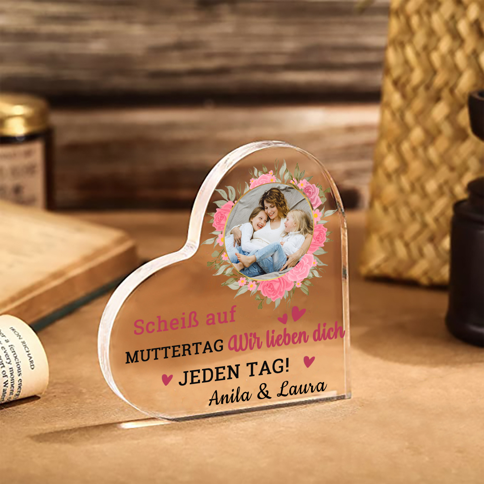 Personalisierte Text & Foto Herz Acryl-Deko-Scheiß auf Muttertag Ich liebe dich/ Wir lieben dich JEDEN TAG! -Schreibtischdekoration für Mama