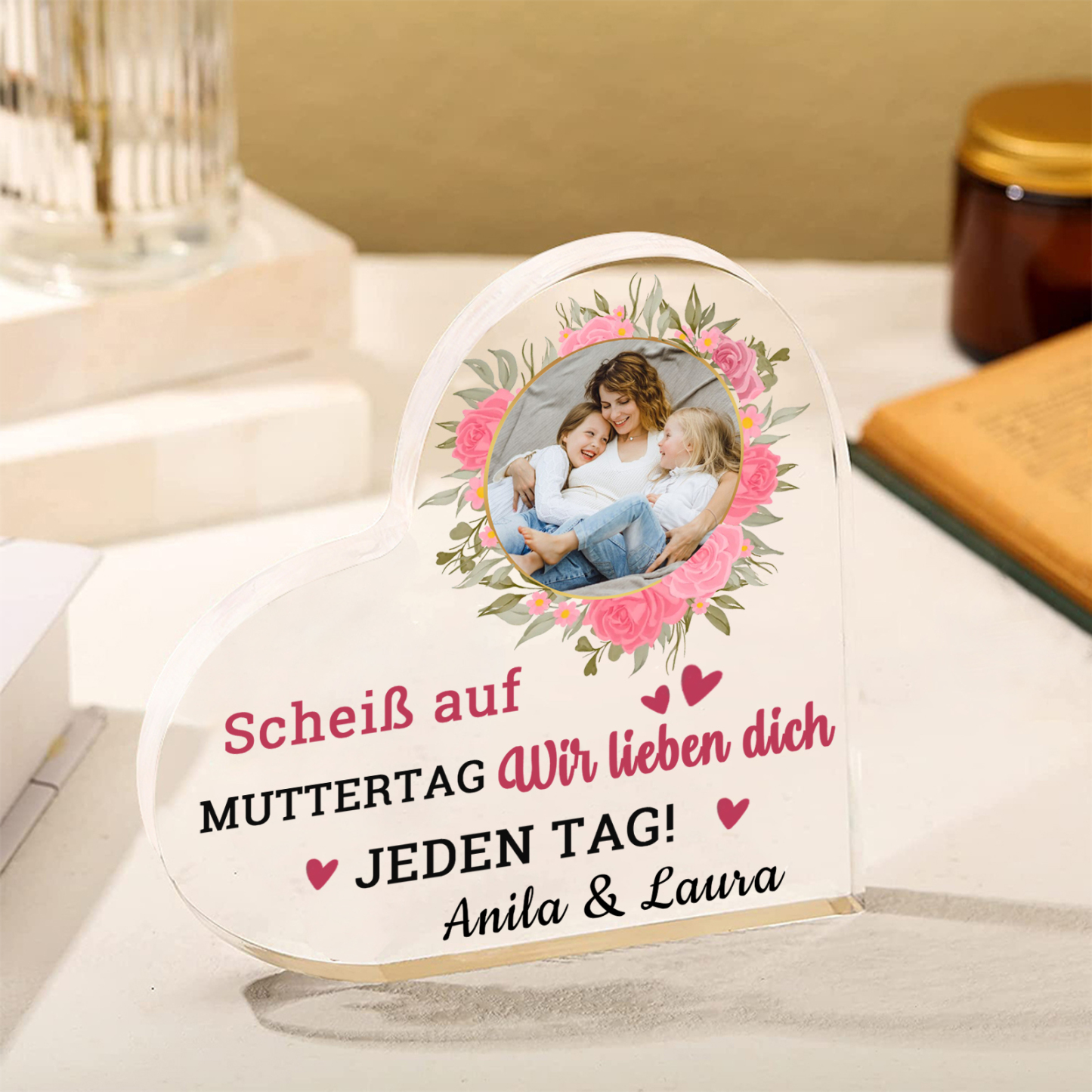 Personalisierte Text & Foto Herz Acryl-Deko-Scheiß auf Muttertag Ich liebe dich/ Wir lieben dich JEDEN TAG! -Schreibtischdekoration für Mama