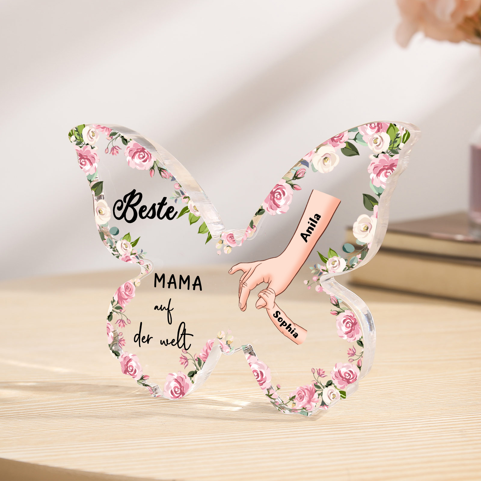 Personalisierte 2 Namen Schmetterling Acryl-Deko-Beste Mama auf der Welt -Schreibtischdekoration für Mama