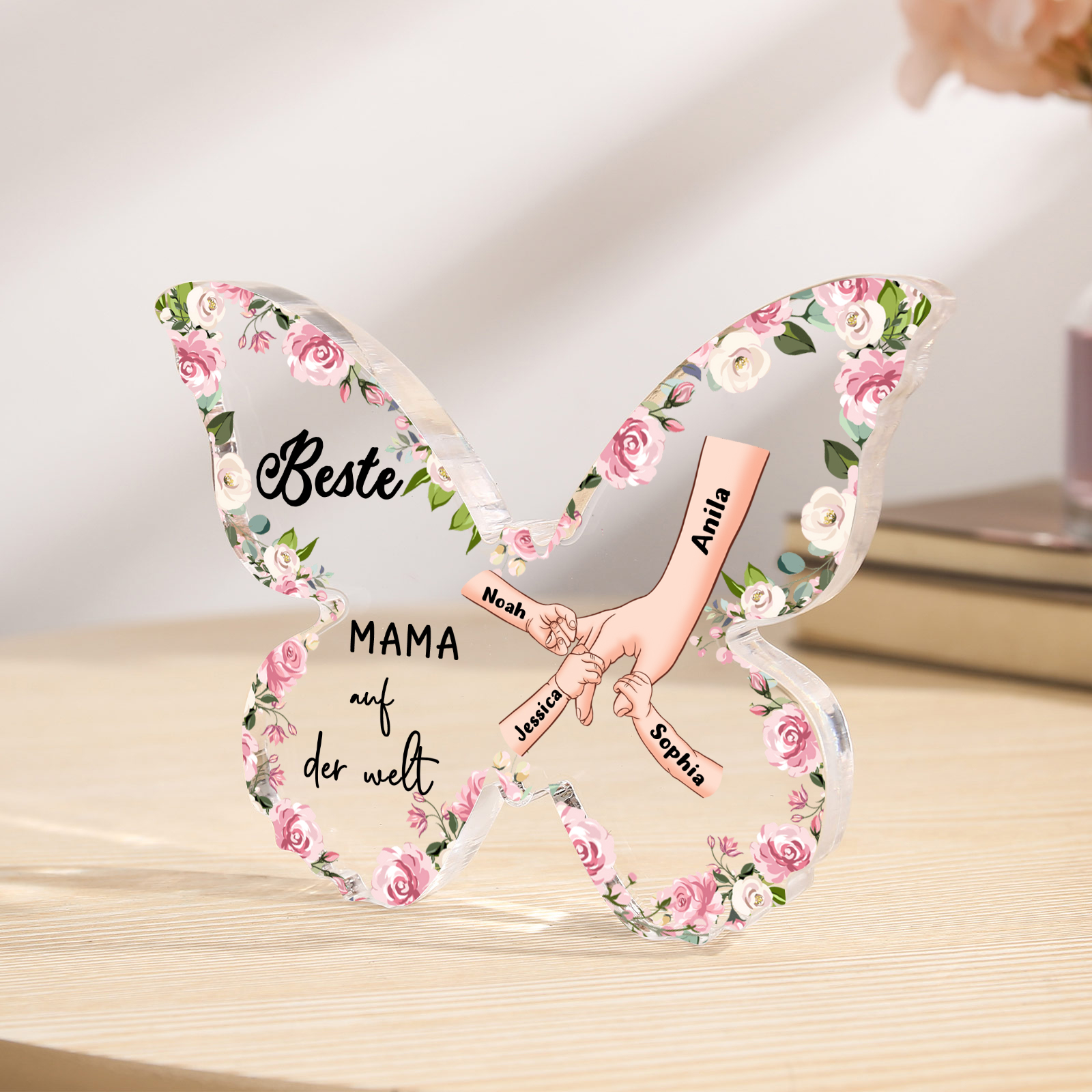 Personalisierte 4 Namen Schmetterling Acryl-Deko-Beste Mama auf der Welt -Schreibtischdekoration für Mama