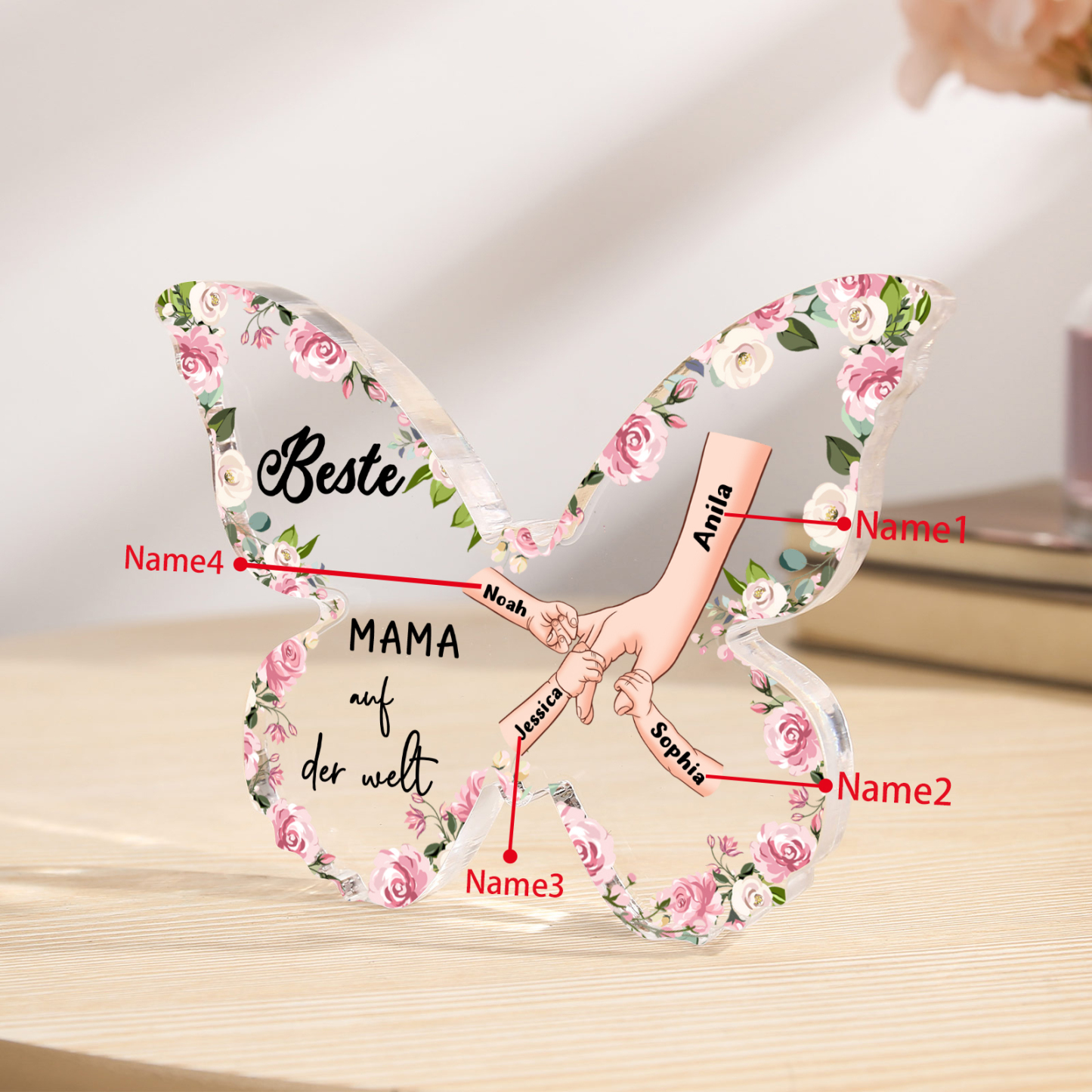 Personalisierte 4 Namen Schmetterling Acryl-Deko-Beste Mama auf der Welt -Schreibtischdekoration für Mama