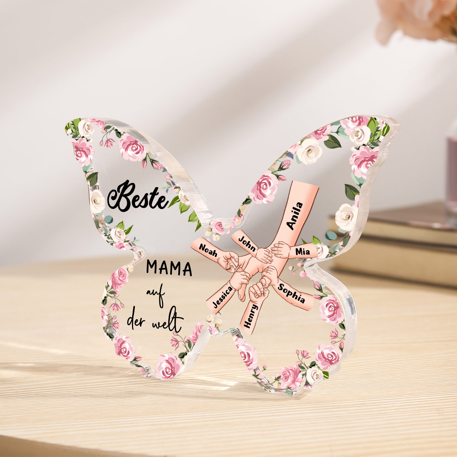Personalisierte 7 Namen Schmetterling Acryl-Deko-Beste Mama auf der Welt -Schreibtischdekoration für Mama