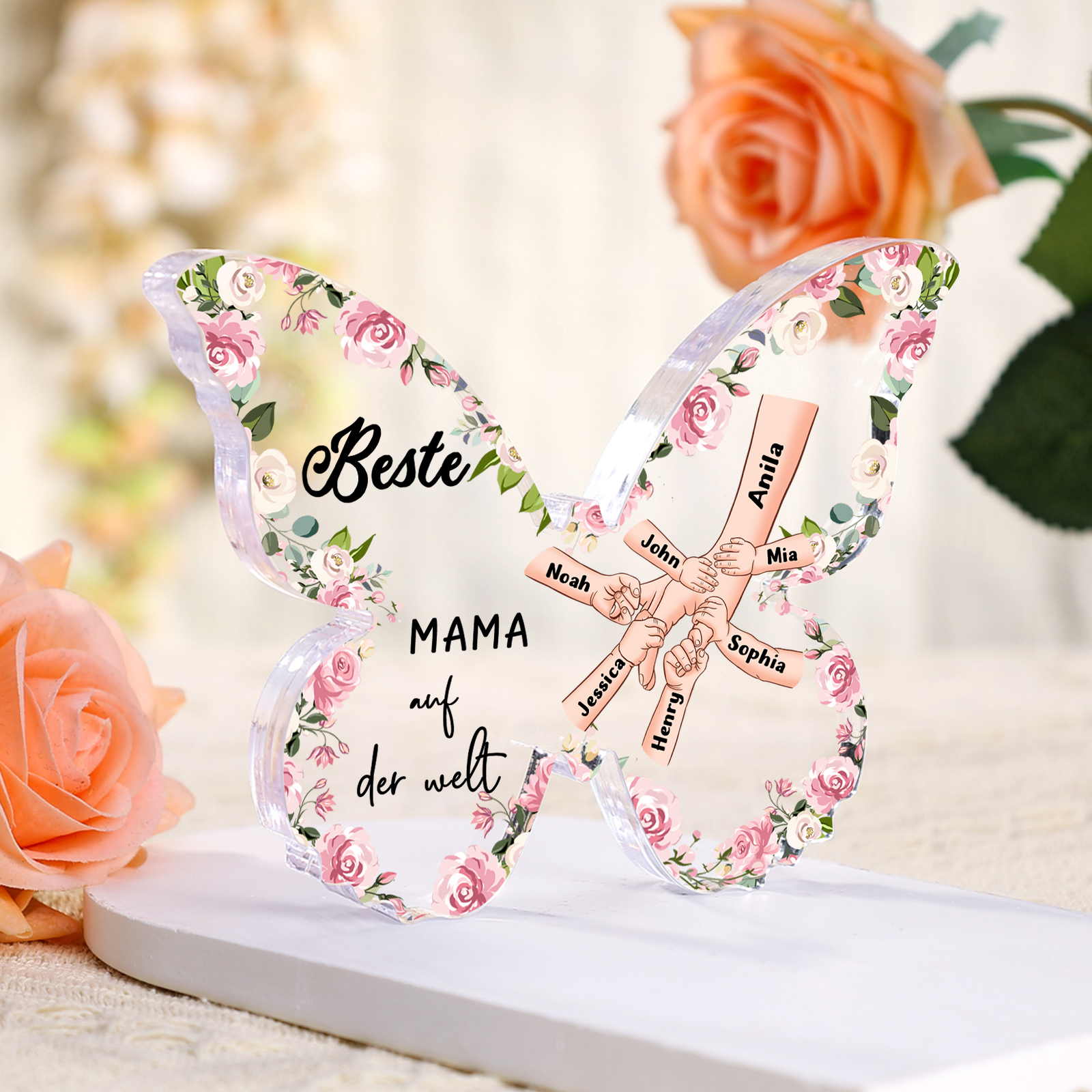 Personalisierte 7 Namen Schmetterling Acryl-Deko-Beste Mama auf der Welt -Schreibtischdekoration für Mama