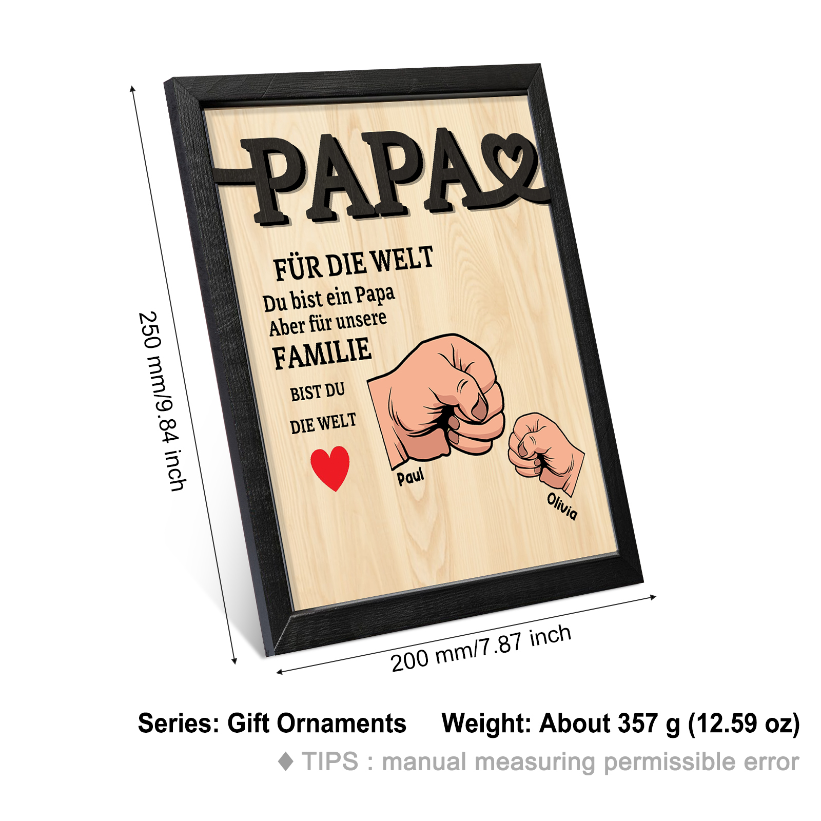 Holzbild-Personalisierte 2-5 Namen & Faust-Papa, für die Welt bist du ein Papa, aber für unsere Familie, bist du die Welt