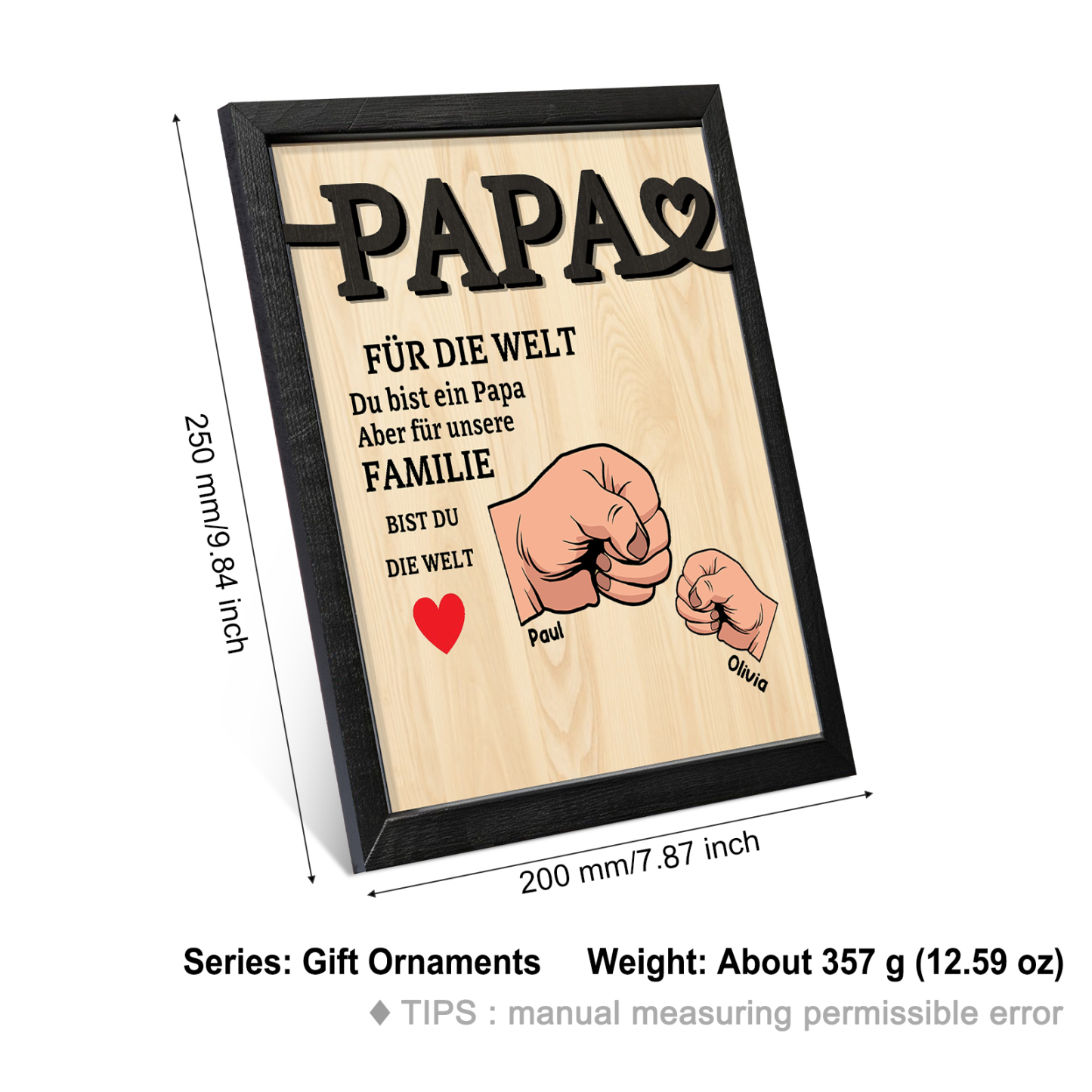 Holzbild-Personalisierte 2-5 Namen & Faust-Papa, für die Welt bist du ein Papa, aber für unsere Familie, bist du die Welt