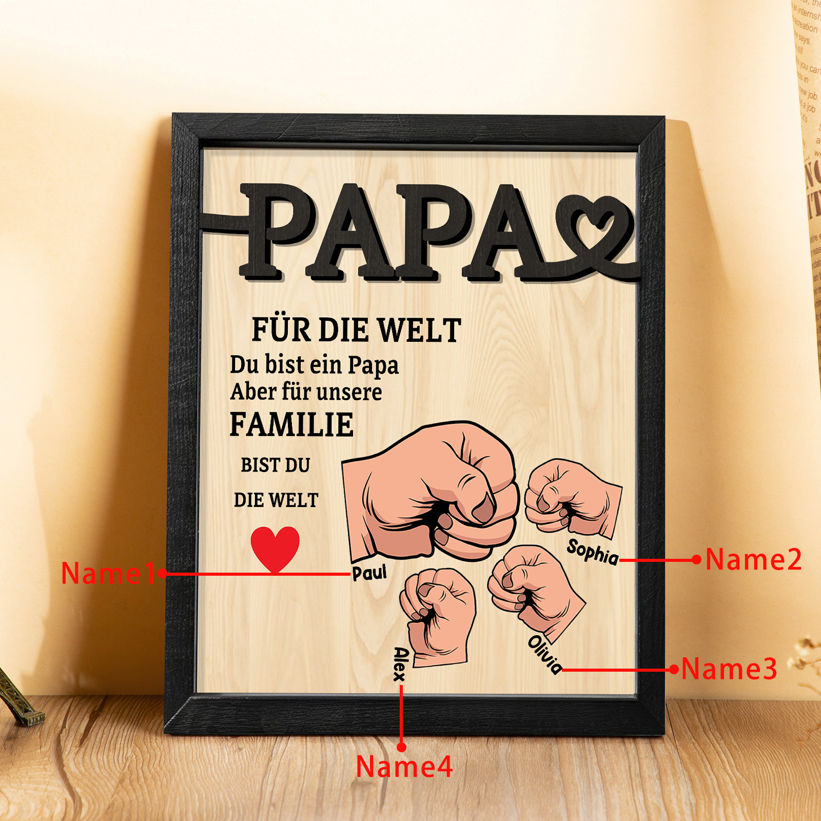 Holzbild-Personalisierte 2-5 Namen & Faust-Papa, für die Welt bist du ein Papa, aber für unsere Familie, bist du die Welt