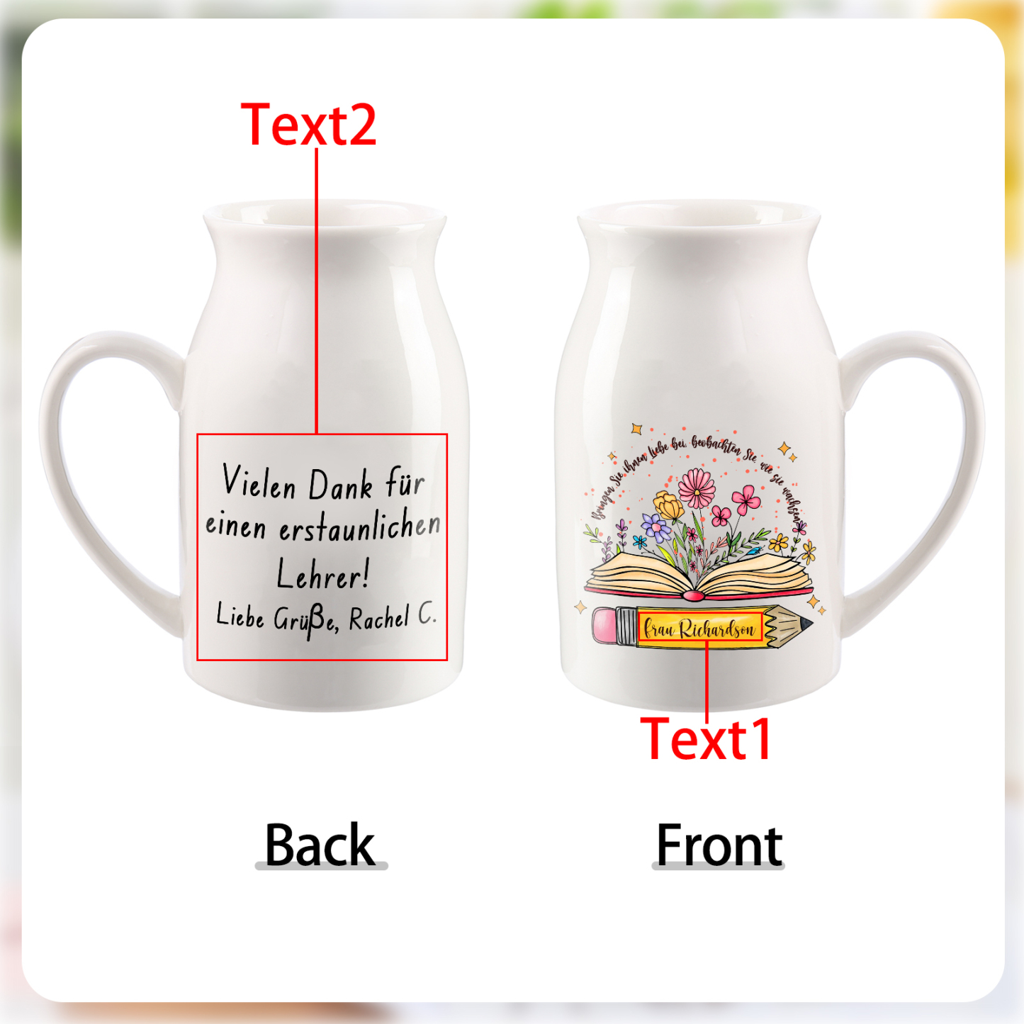 Personalisierte 2 Texte-Studenten & Lehrer- Gießvase mit Henkel Lehrer Vase-Pefektes Geschenk für Lehrer