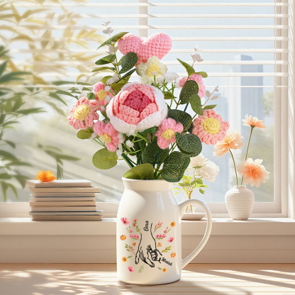 Personalisierter Keramik-Krug mit gehäkeltem Blumenstrauß – Geschenk für Oma,mit Namen, Muttertagsgeschenk