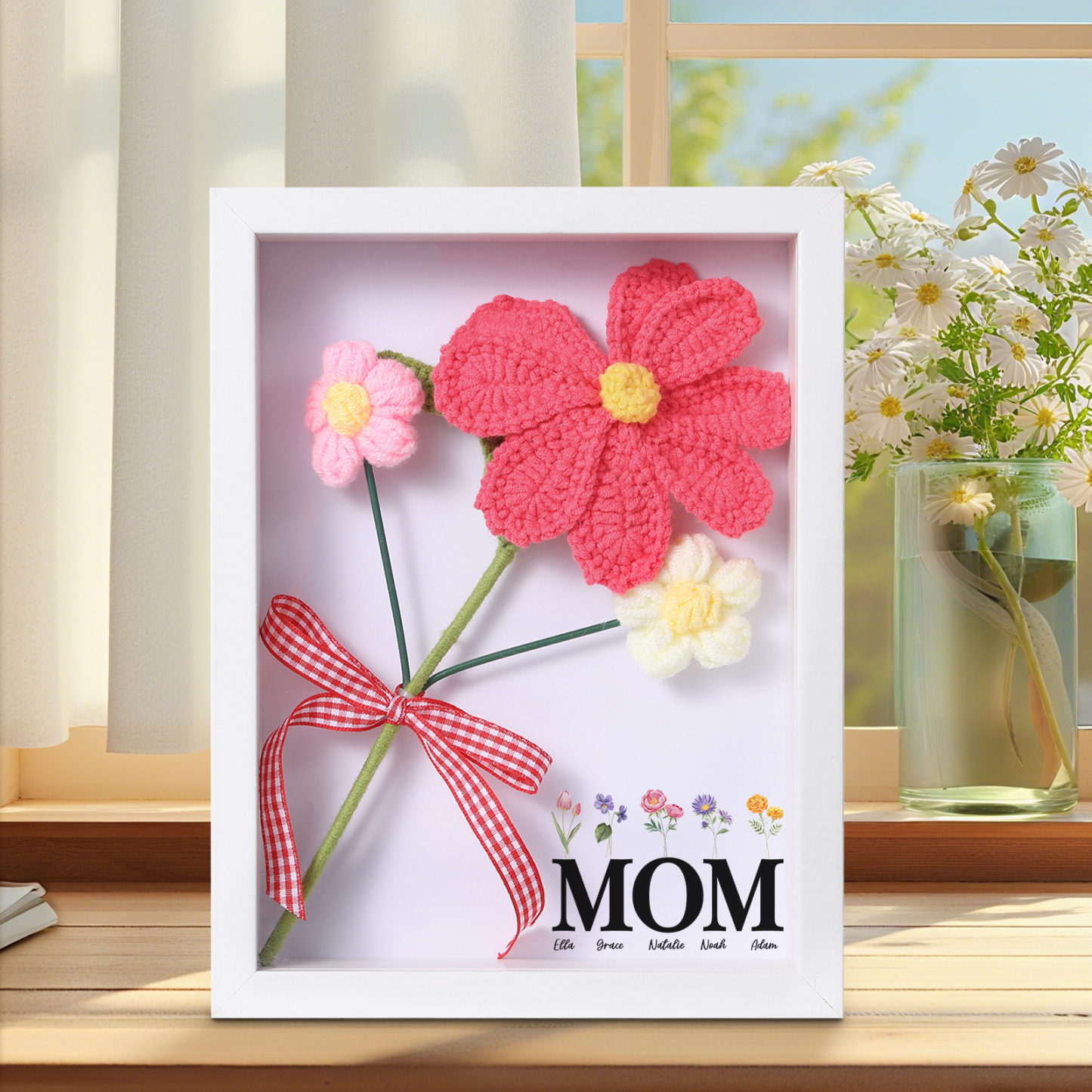 Personalisierter 3D-Rahmen mit Häkelblumen, Namen & Wunschtext – Handgefertigtes Geschenk für Mama & Oma