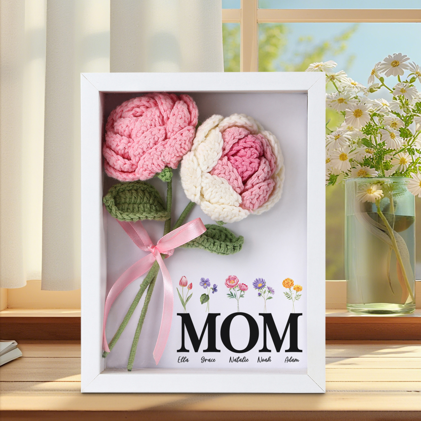 Personalisierter 3D-Rahmen mit Häkelblumen, Namen & Wunschtext – Handgefertigtes Geschenk für Mama & Oma