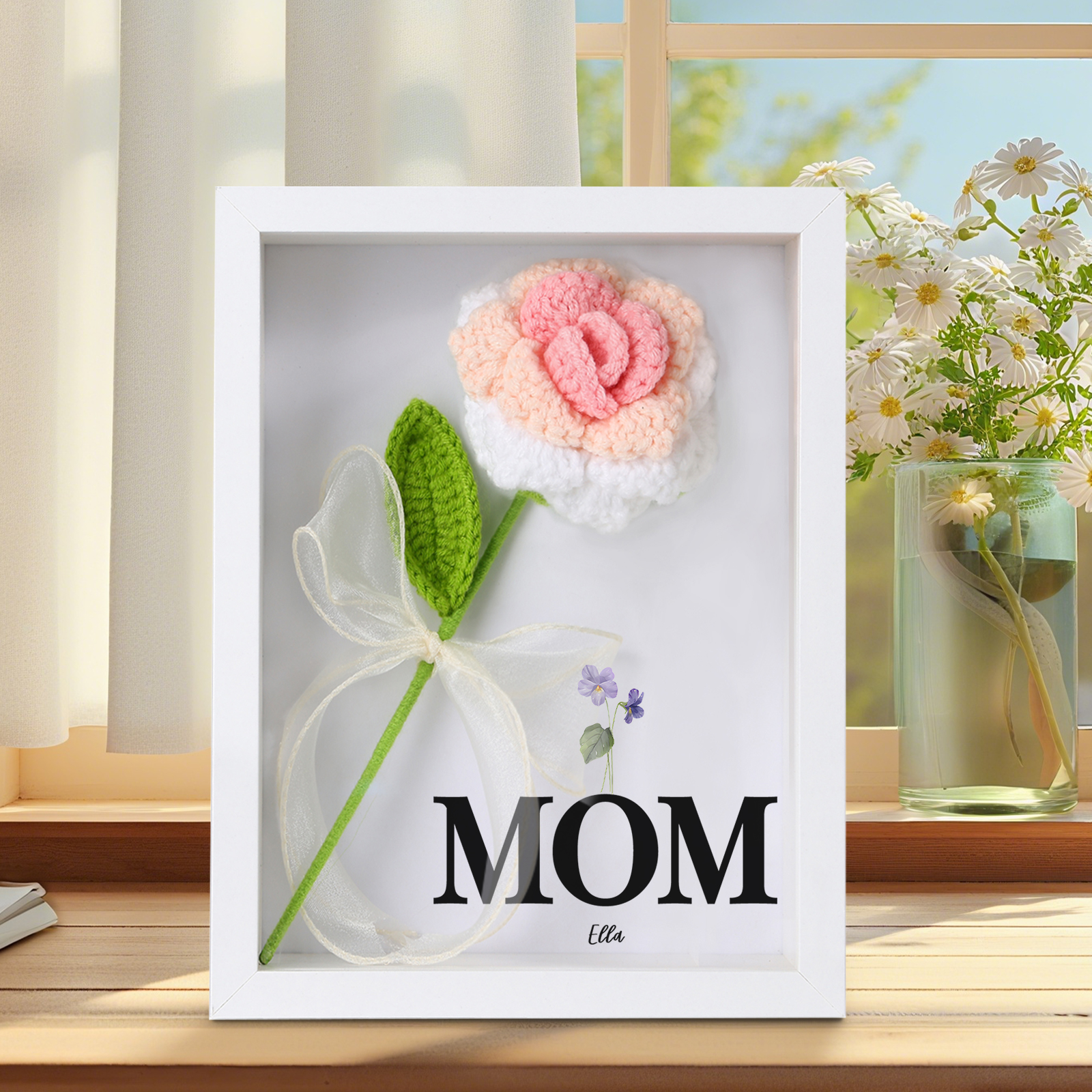 Personalisierter 3D-Rahmen mit Häkelblumen, Namen & Wunschtext – Handgefertigtes Geschenk für Mama & Oma