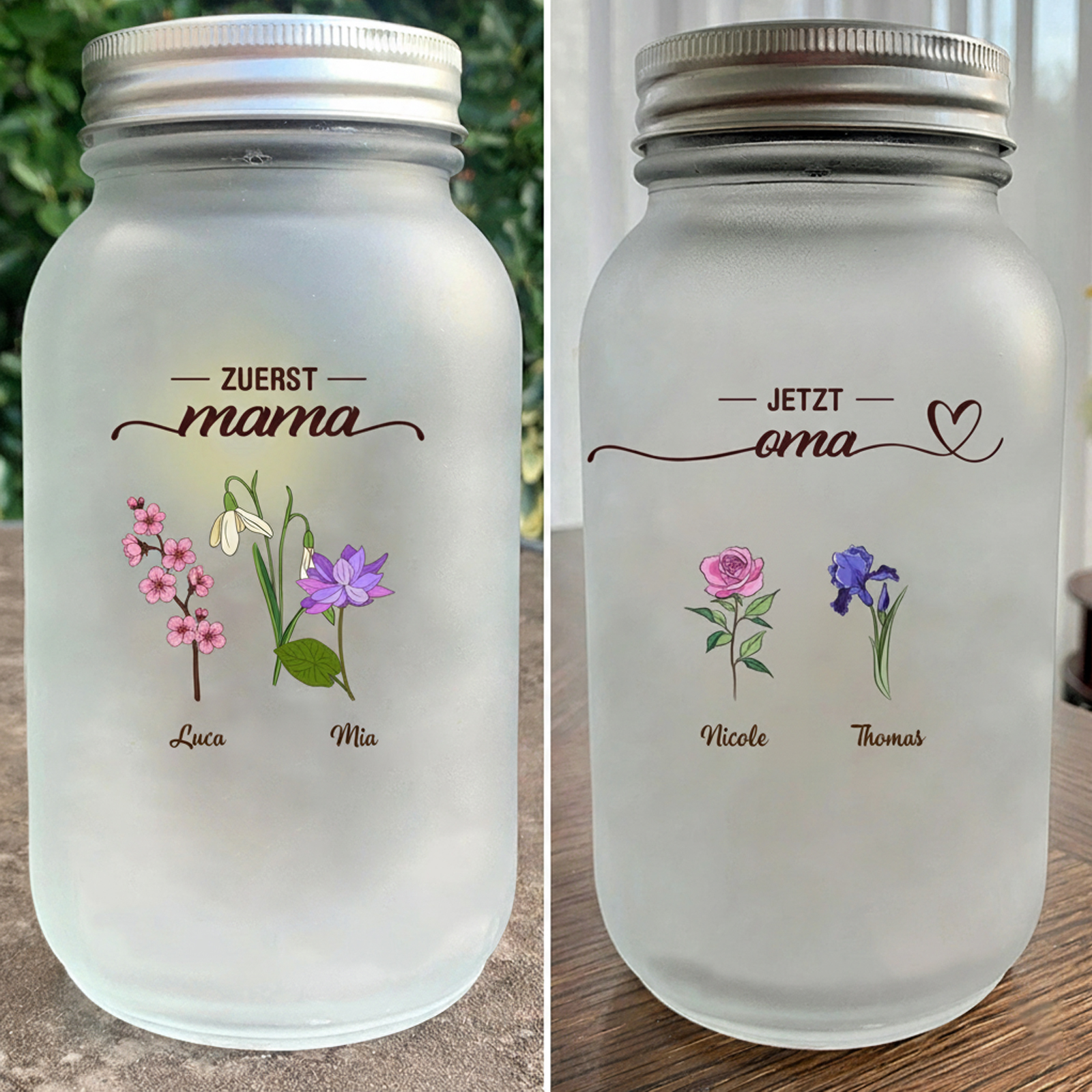 Personalisierte Solar-Glasflasche im Mason-Jar-Stil mit Blumenmotiv – Geschenk „Erst Mama, jetzt Oma“