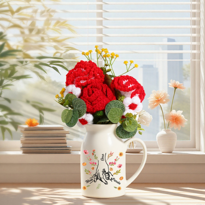Personalisierter Keramik-Krug mit gehäkeltem Blumenstrauß – Geschenk für Oma,mit Namen, Muttertagsgeschenk