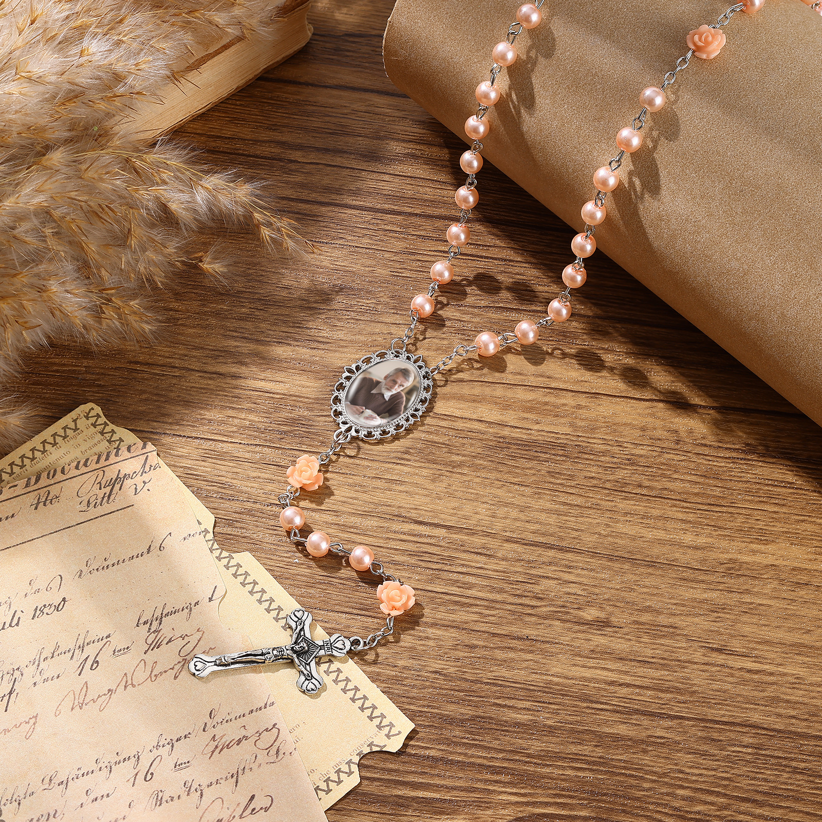 Personalisierter Rosenkranz mit Foto, Kreuz und Perlen religiöses Andenken