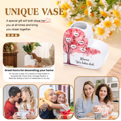 Personalisierte herzförmige Keramikvase in Rosa mit Familienbaum-Motiv, personalisiert mit 1–12 Namen
