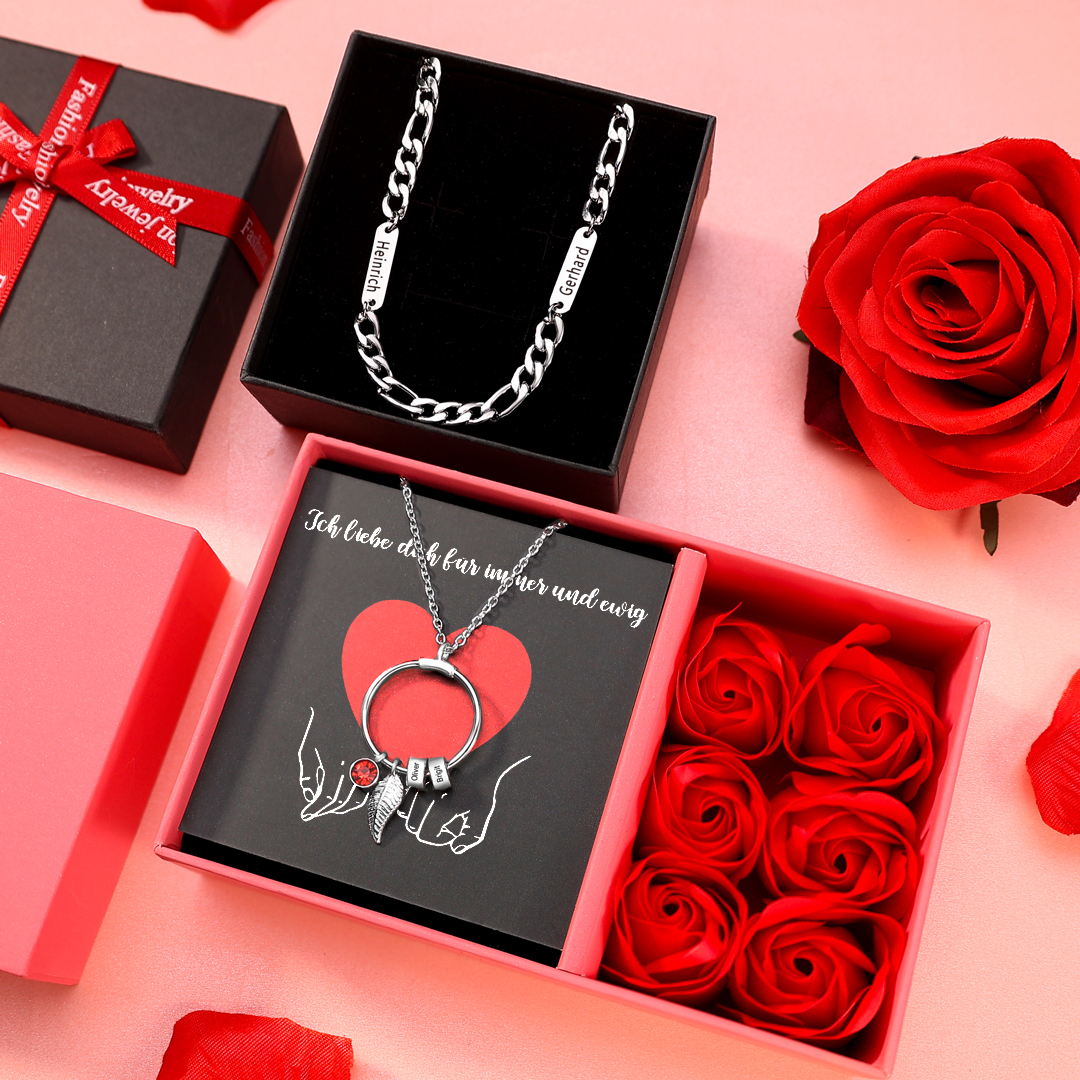 Personalisierte 2 Namen Edelstahl-Halskette & 2 Namen & Geburtsstein Edelstahl-Halskette – 2 Halsketten & Nachrichtenkarte Geschenkbox Set für Paar