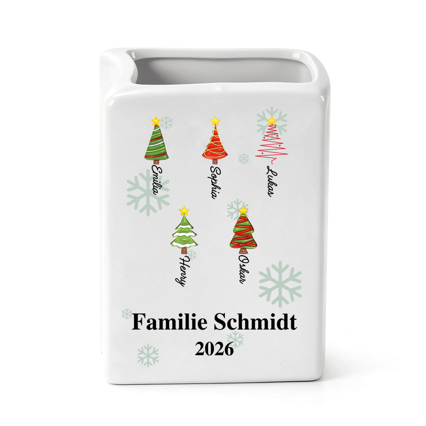 Personalisierte Keramikvase in Buchform mit Namen Familiennamen und Weihnachtsbaummotiven Weihnachtsgeschenk für Mama oder Oma