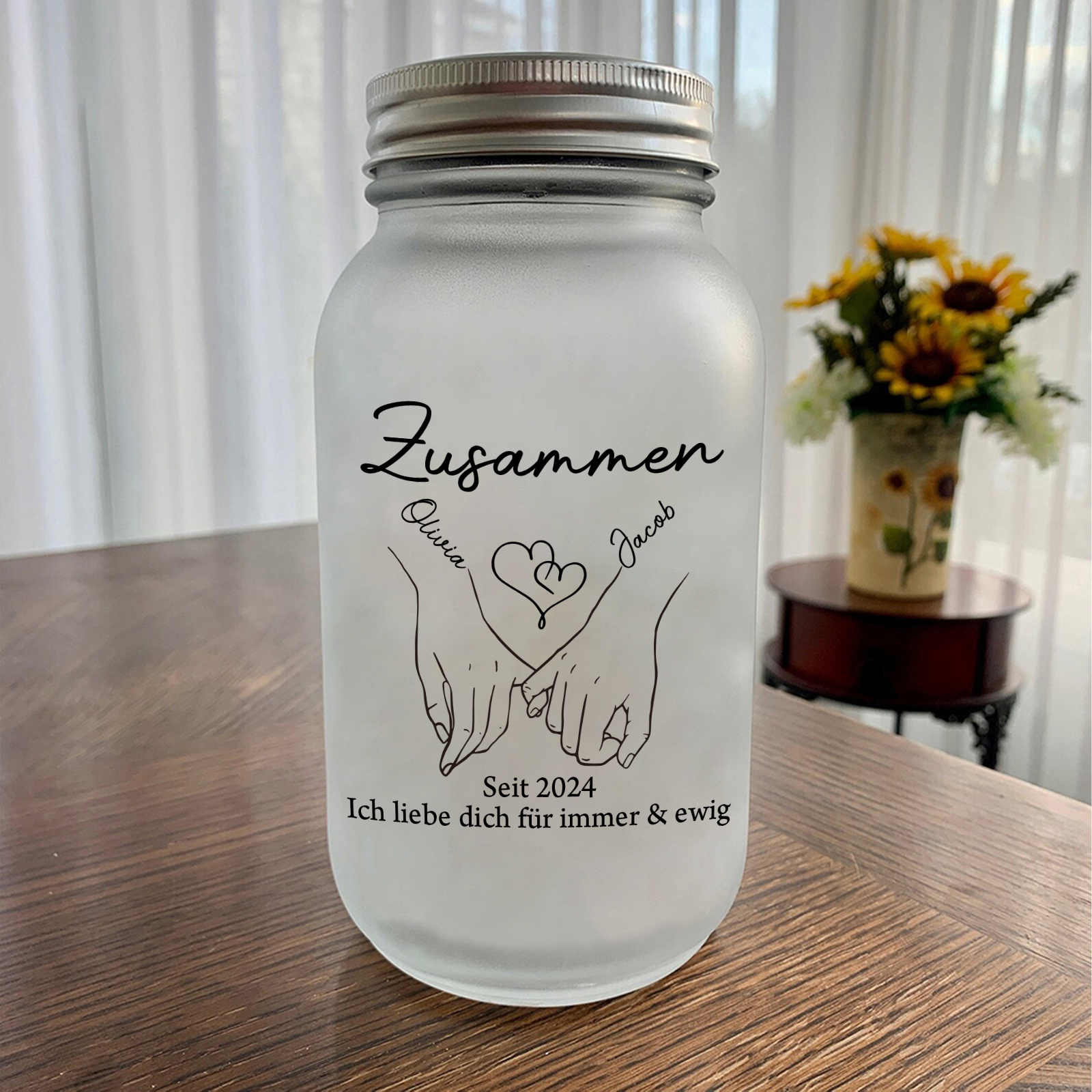 Personalisierte Milchglas-LED-Glasflasche Hand & Herz für Paar—"Ich liebe dich für immer."