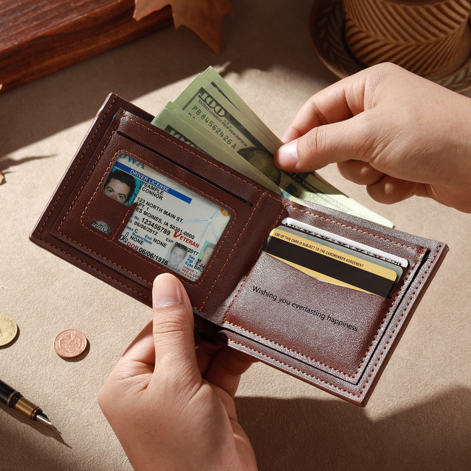 Personalisierte Herren Geldbörse aus PU‑Leder, individuell mit Foto, Kalender oder Namensgravur