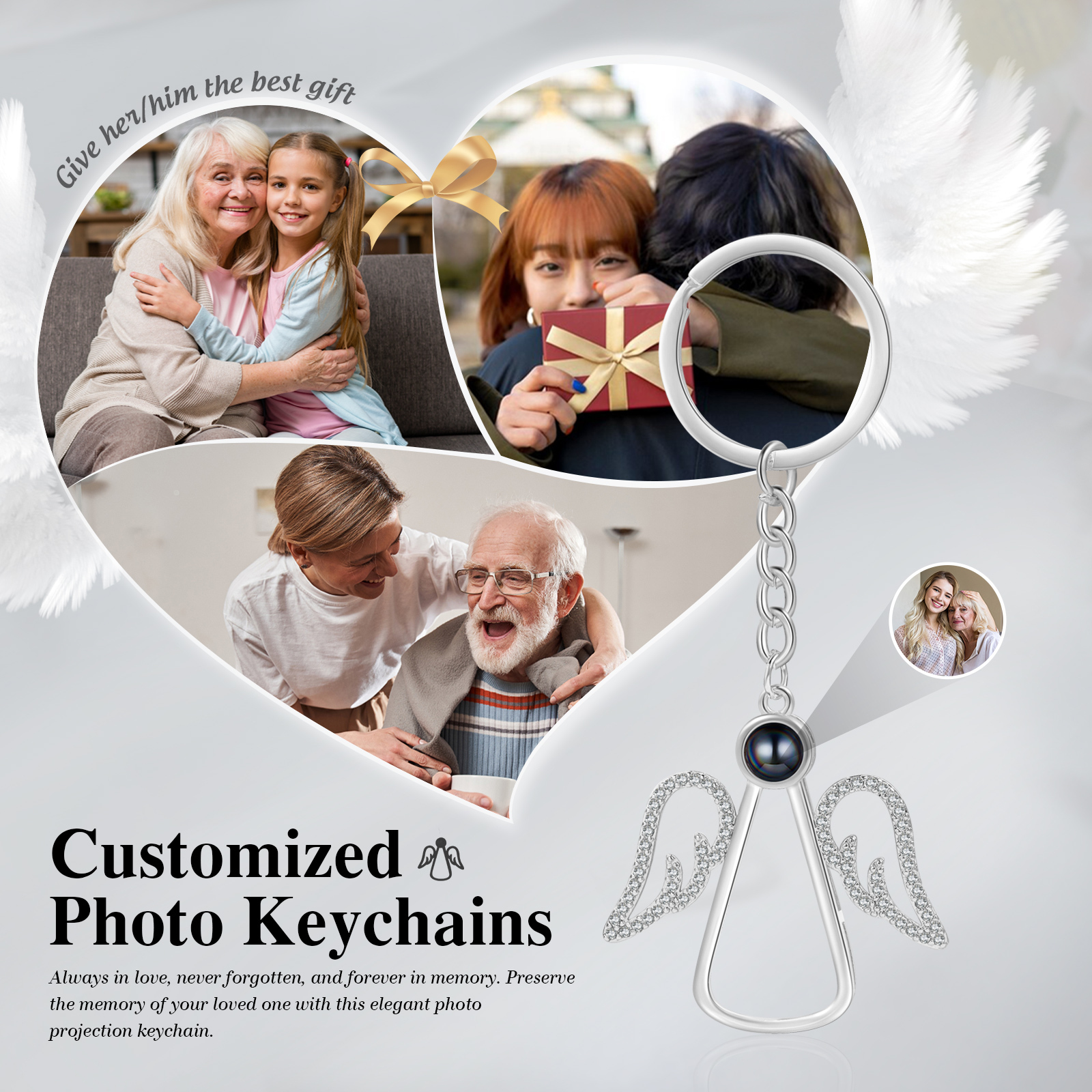 Personalisierter Engel-Schlüsselanhänger mit Fotoprojektion – Geschenk zum Muttertag, Geburtstag