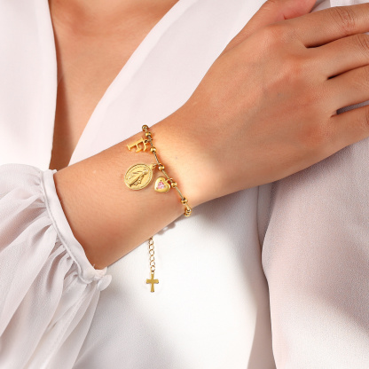 Armband in Gold mit Jungfrau Maria, Kreuz, Geburtsstein und Initiale