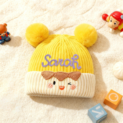Bestickte warme Kinder-Beanie-Strickmütze mit Bommel und Wunschnamen