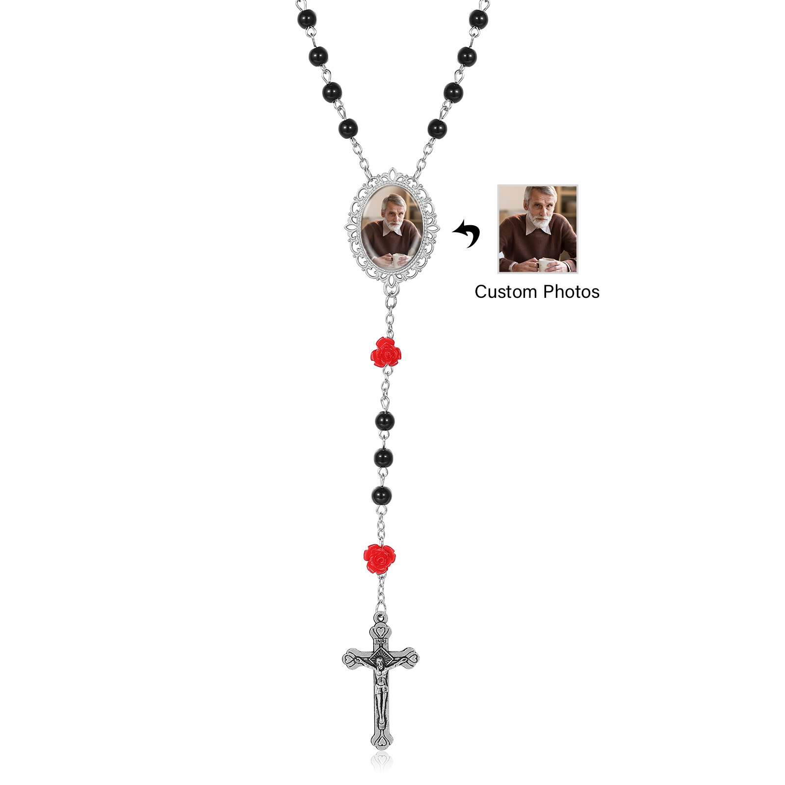 Personalisierter Rosenkranz mit Foto, Kreuz und Perlen religiöses Andenken
