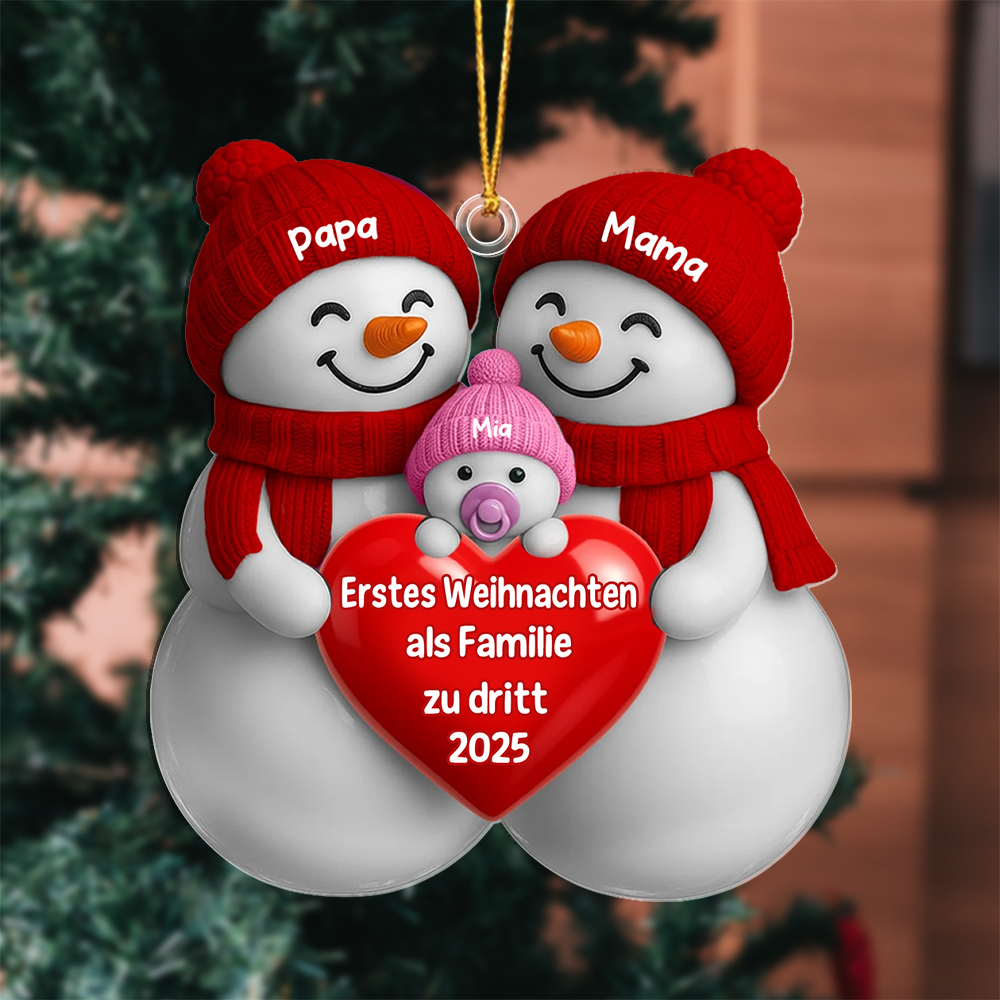 Personalisierter Weihnachtsanhänger mit drei Schneemännern und Herzmotiv