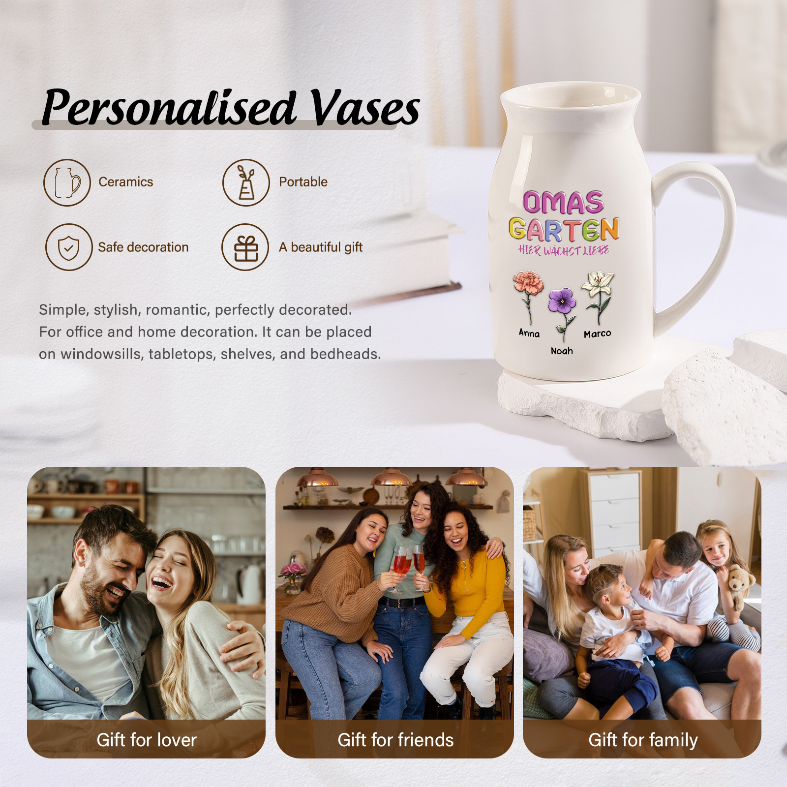 Personalisierte Keramikvase in Krugform mit 1 bis 10 Namen und Geburtsblumen Geschenk für Mama oder Oma