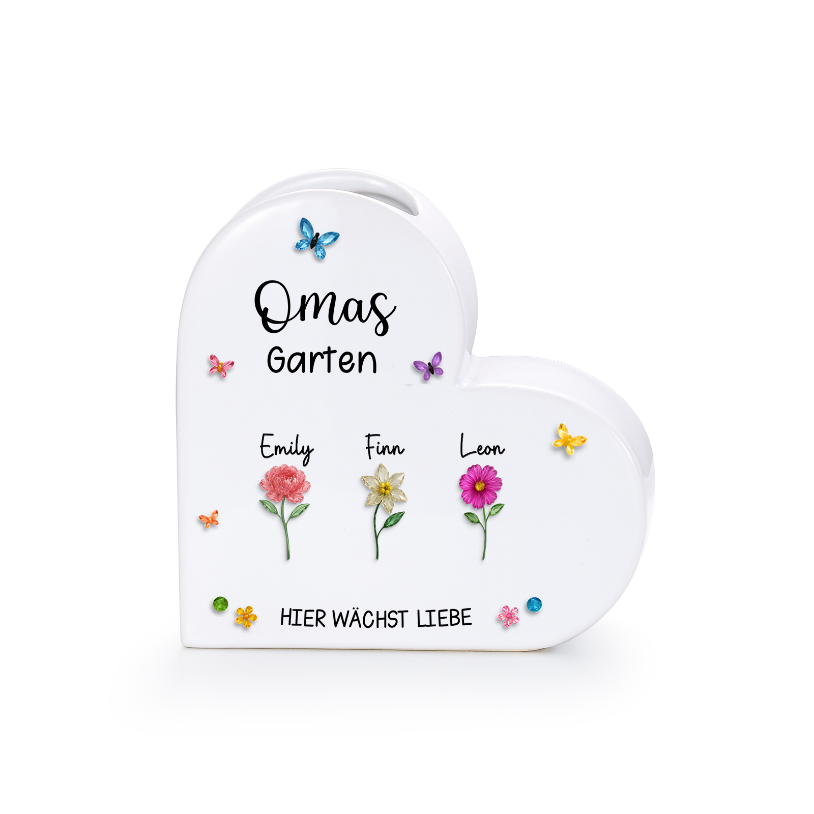 Personalisierte Keramikvase mit Herzmotiv, 1–10 Vornamen und Geburtsblumen Familiengeschenk für Mama oder Oma