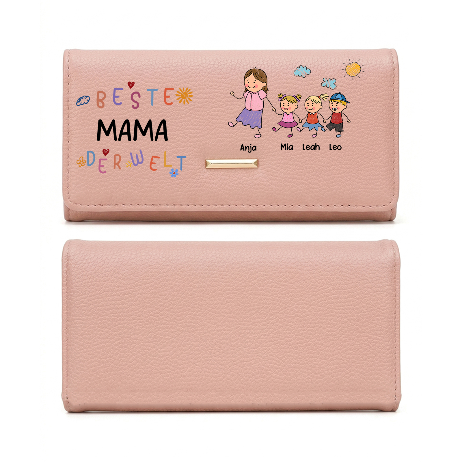 Personalisierte Leder-Geldbörse Beste Mama aller Zeiten mit Familienmotiv personalisiert mit 1 bis 8 Namen