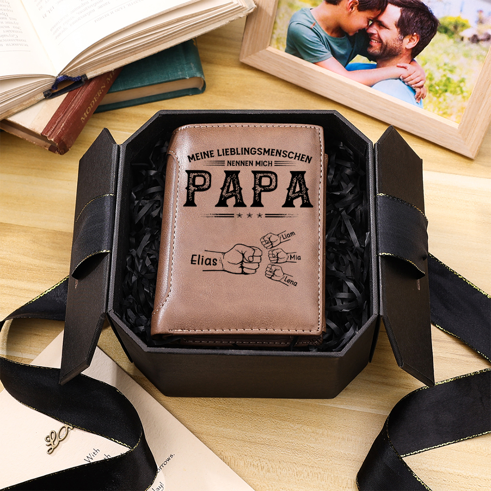 Personalisierte Leder Geldbörse für Papa mit 1–6 Fauststoß-Motiven und Namen