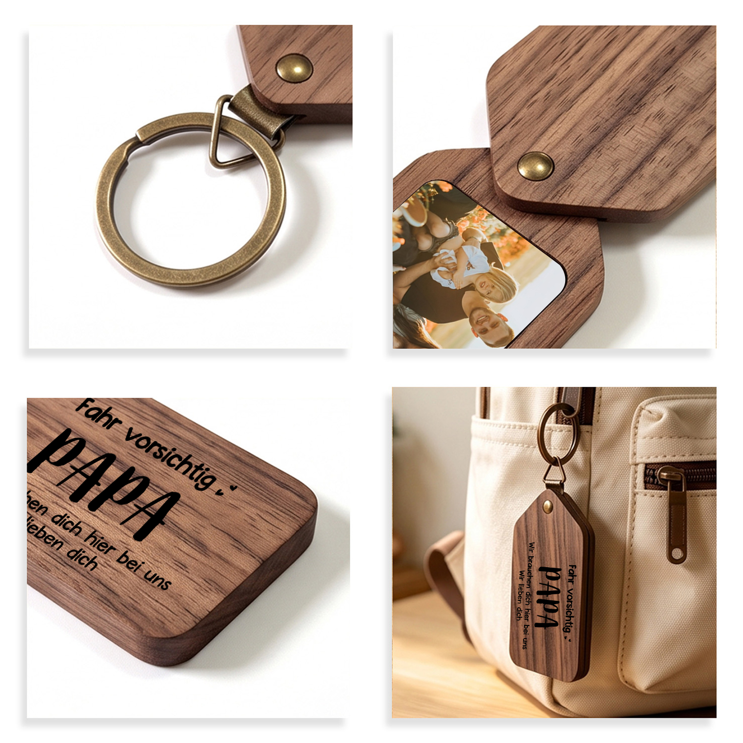 Personalisierter Foto-Schlüsselanhänger aus Holz mit dem Spruch Fahr vorsichtig Papa Geschenk zum Vatertag