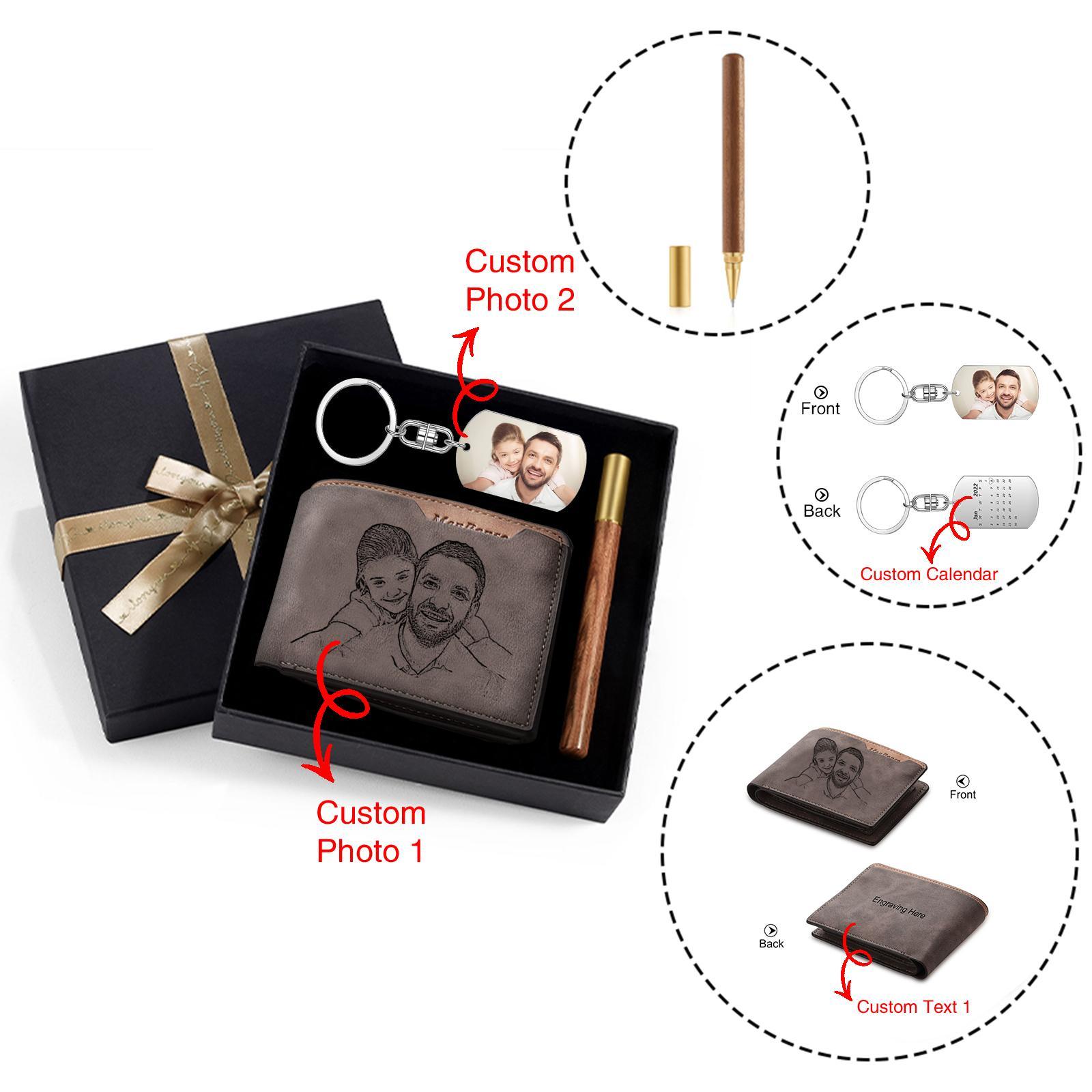 Personalisierte 1 Text & 2 Fotos & 1 Datum Geldbörse & Schlüsselanhänger & Stift Geschenkpackung Geschenkset