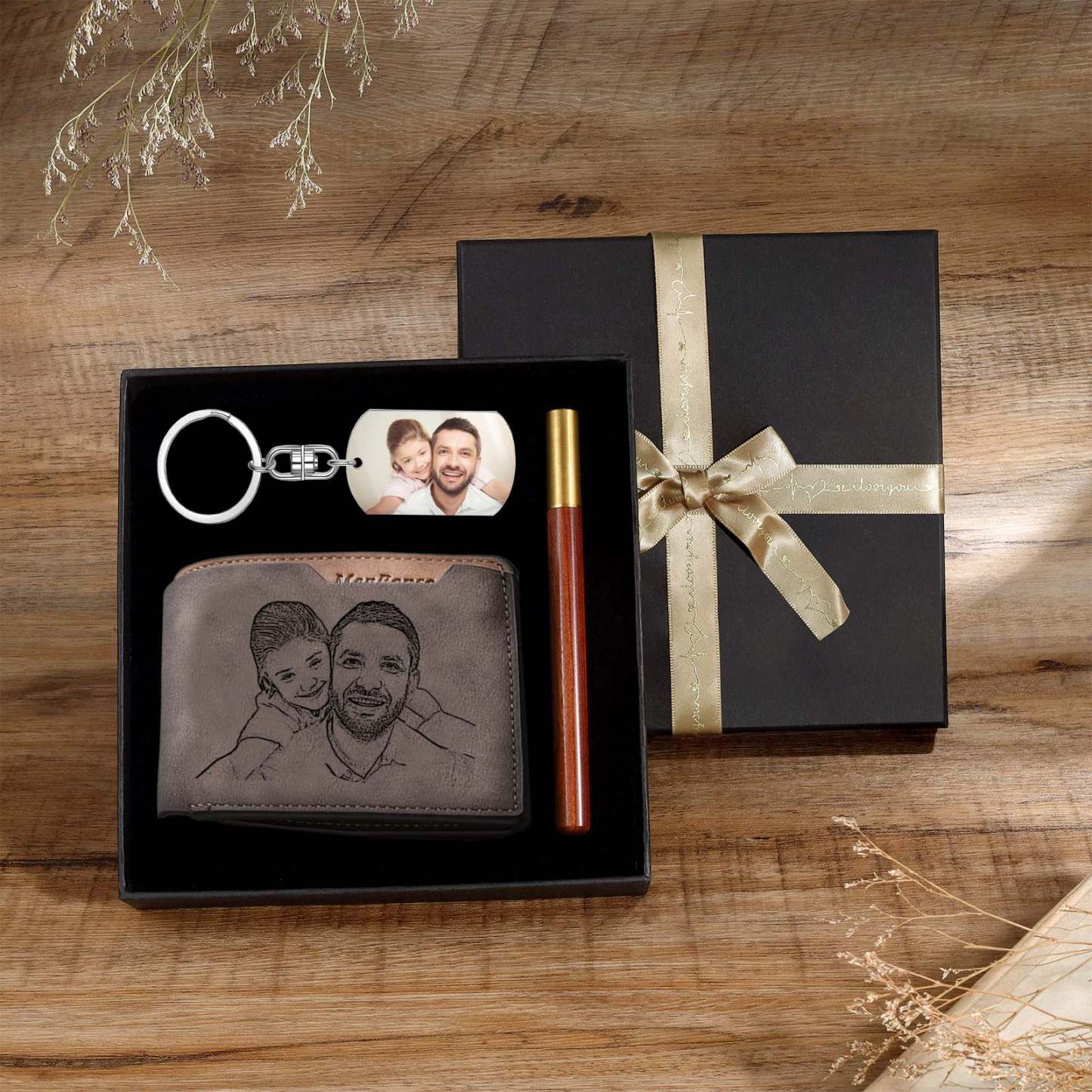 Personalisierte 1 Text & 2 Fotos & 1 Datum Geldbörse & Schlüsselanhänger & Stift Geschenkpackung Geschenkset