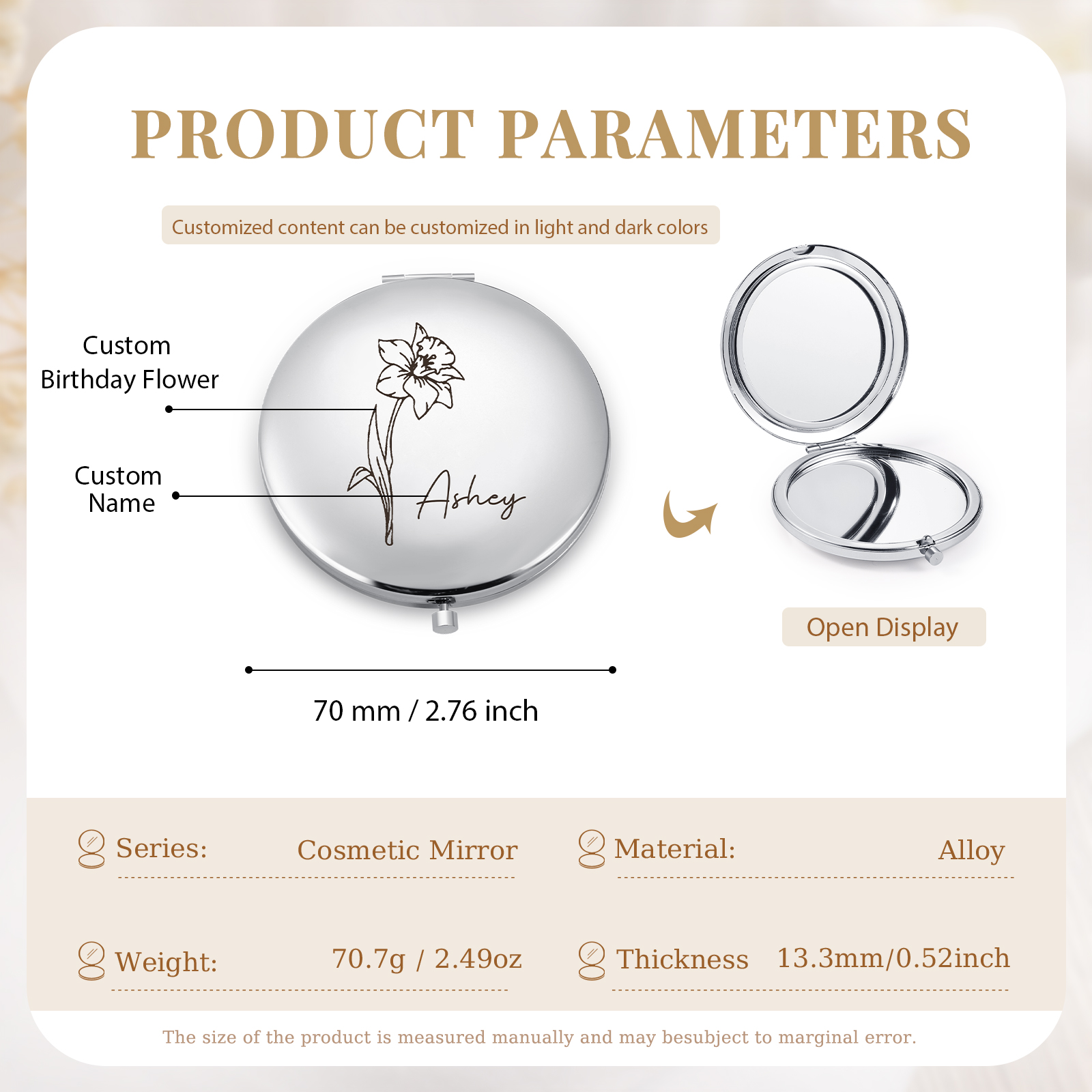 Personalisierter 1 Name & Geburtsblume Kosmetikspiegel in vier Farben erhältlich – Eleganter Begleiter für unterwegs