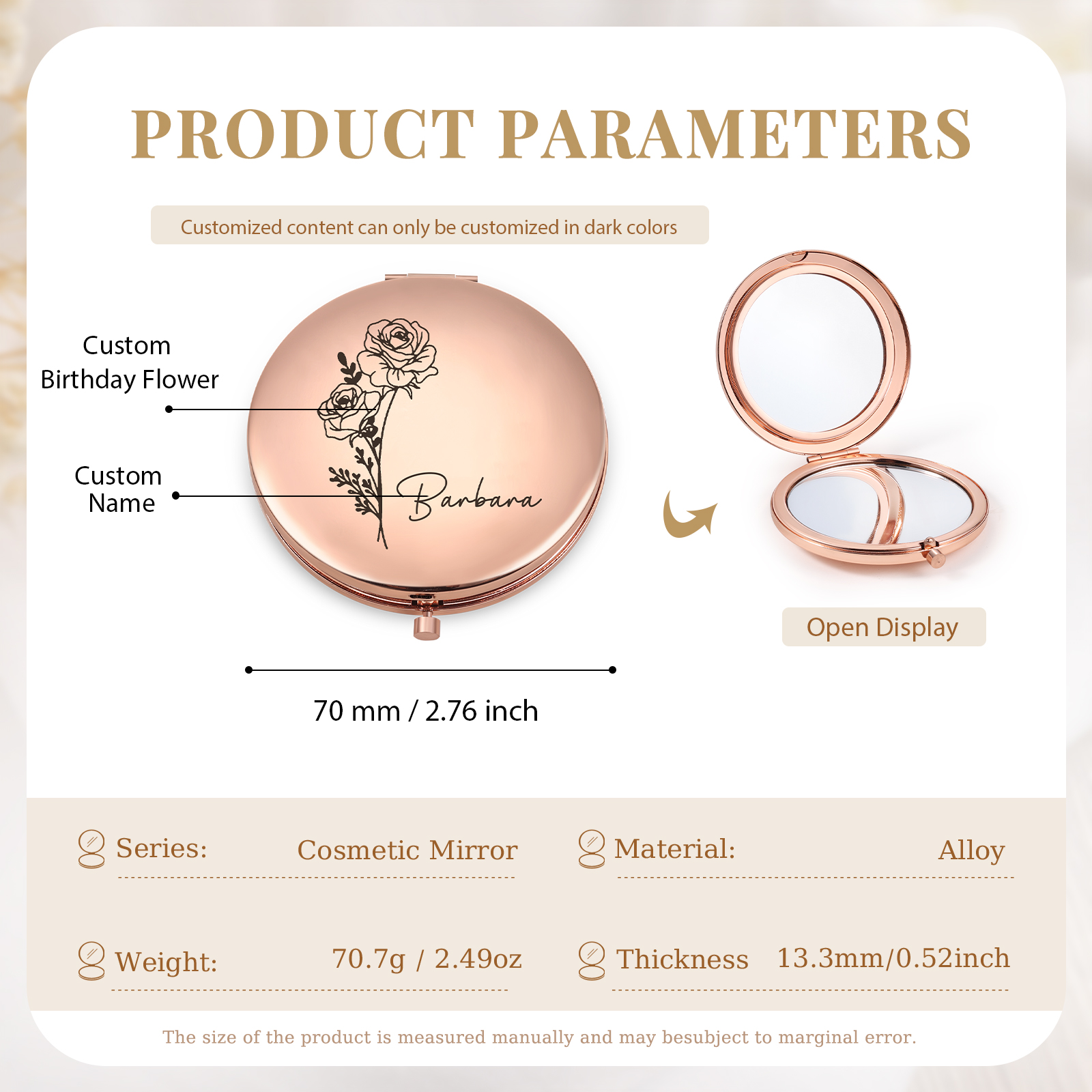 Personalisierter 1 Name & Geburtsblume Kosmetikspiegel in vier Farben erhältlich – Eleganter Begleiter für unterwegs