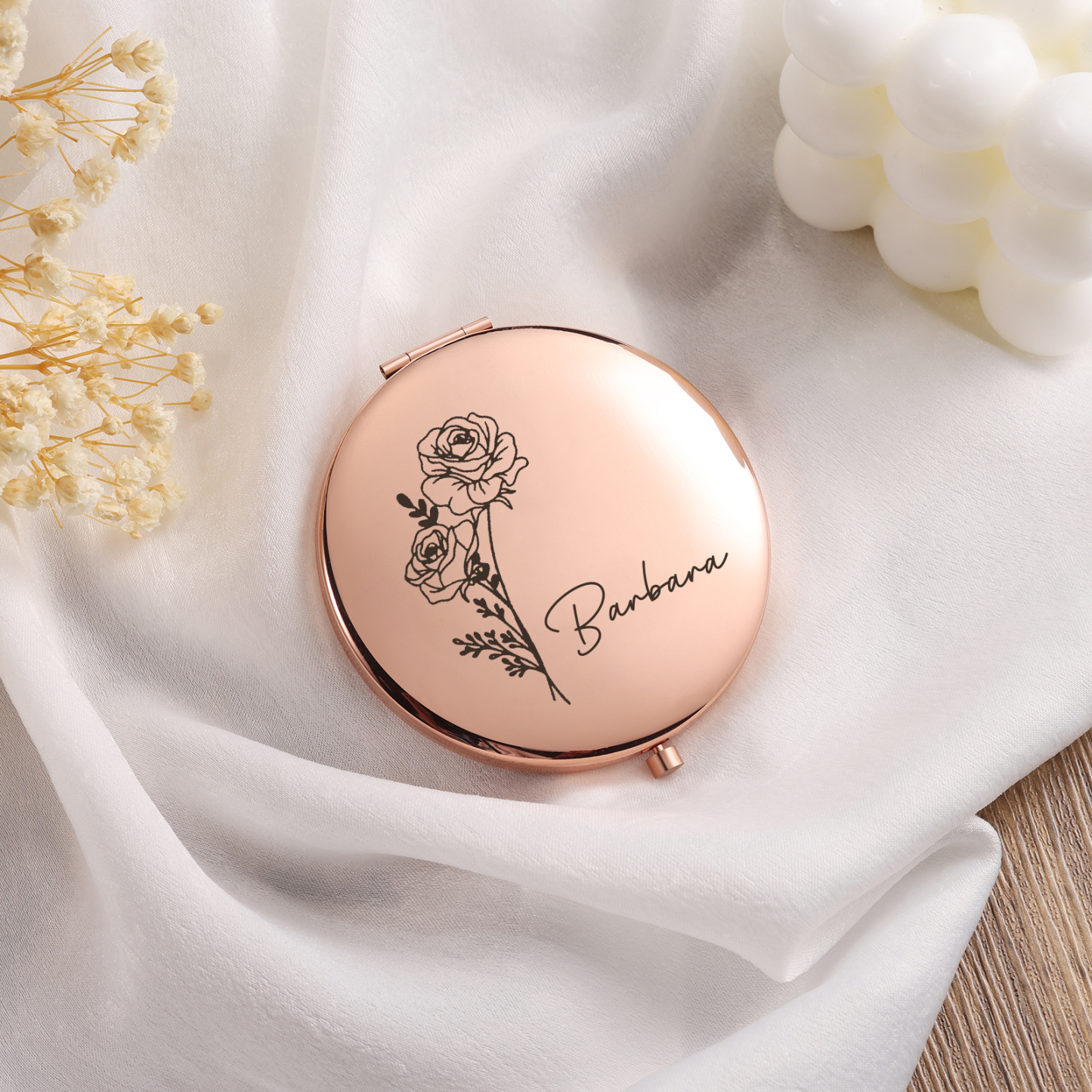Personalisierter 1 Name & Geburtsblume Kosmetikspiegel in vier Farben erhältlich – Eleganter Begleiter für unterwegs