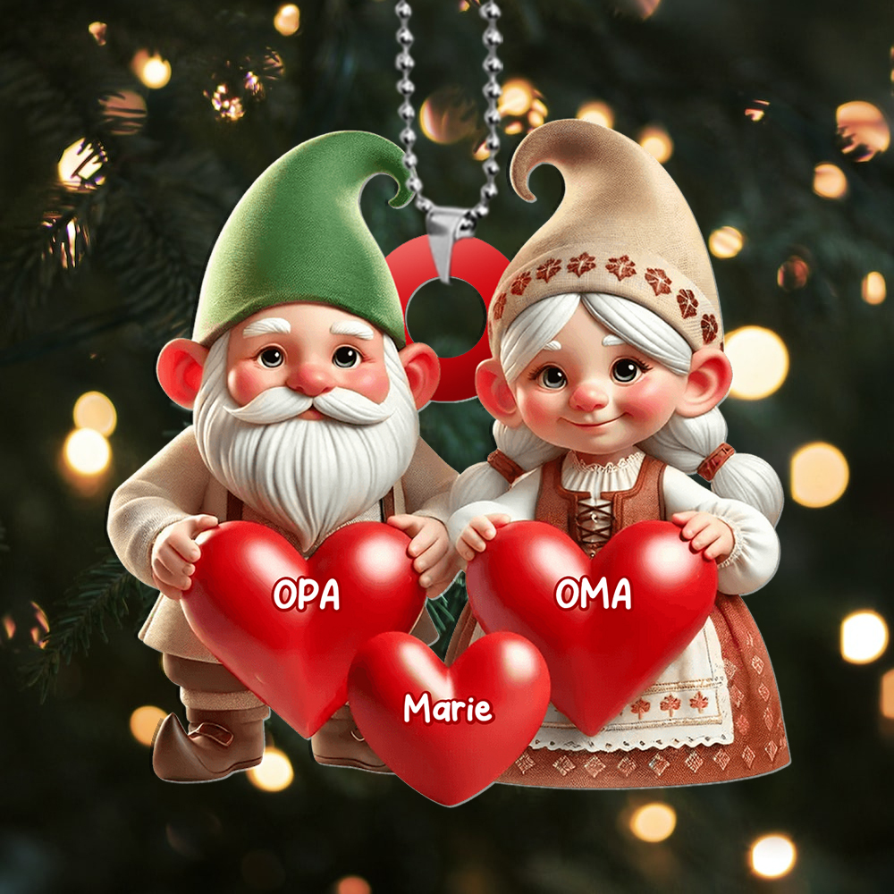 Personalisierter Weihnachtsbaumschmuck mit Herzen und Namen – Wichtel-Familie
