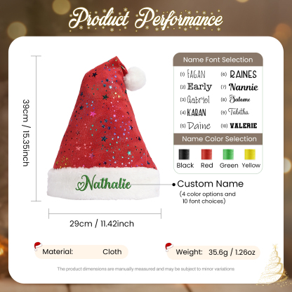 Weihnachtsmütze personalisiert – Namensstickerei, Auswahl an Schriftarten und Farben, mit Glitzersternen