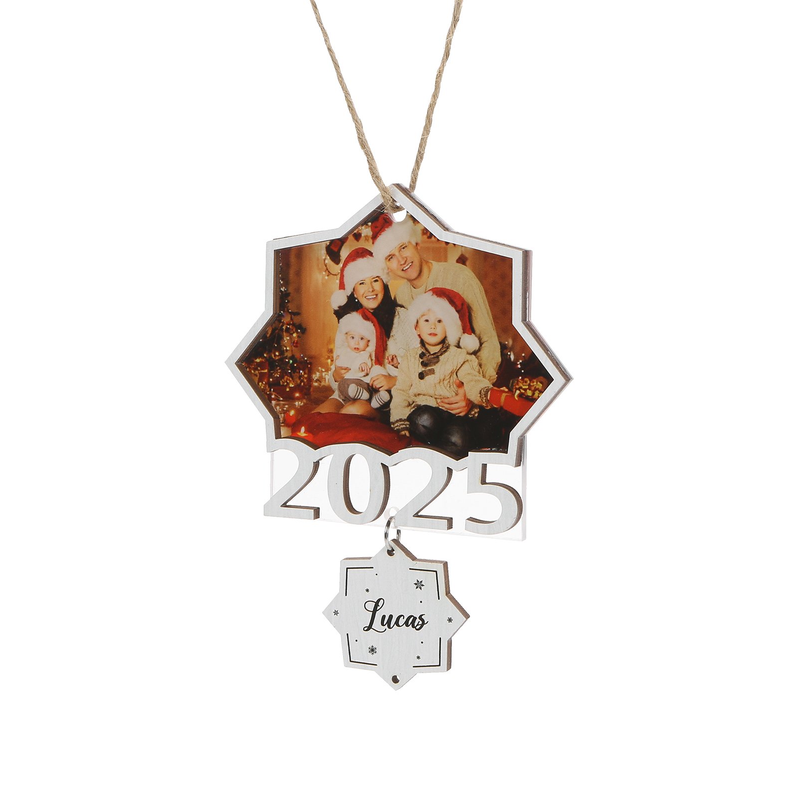 Personalisierter Foto-Stern Christbaumanhänger, mit Datum und 1-4 Namen aus Holz & Acryl, Weihnachtsanhänger, Ornament